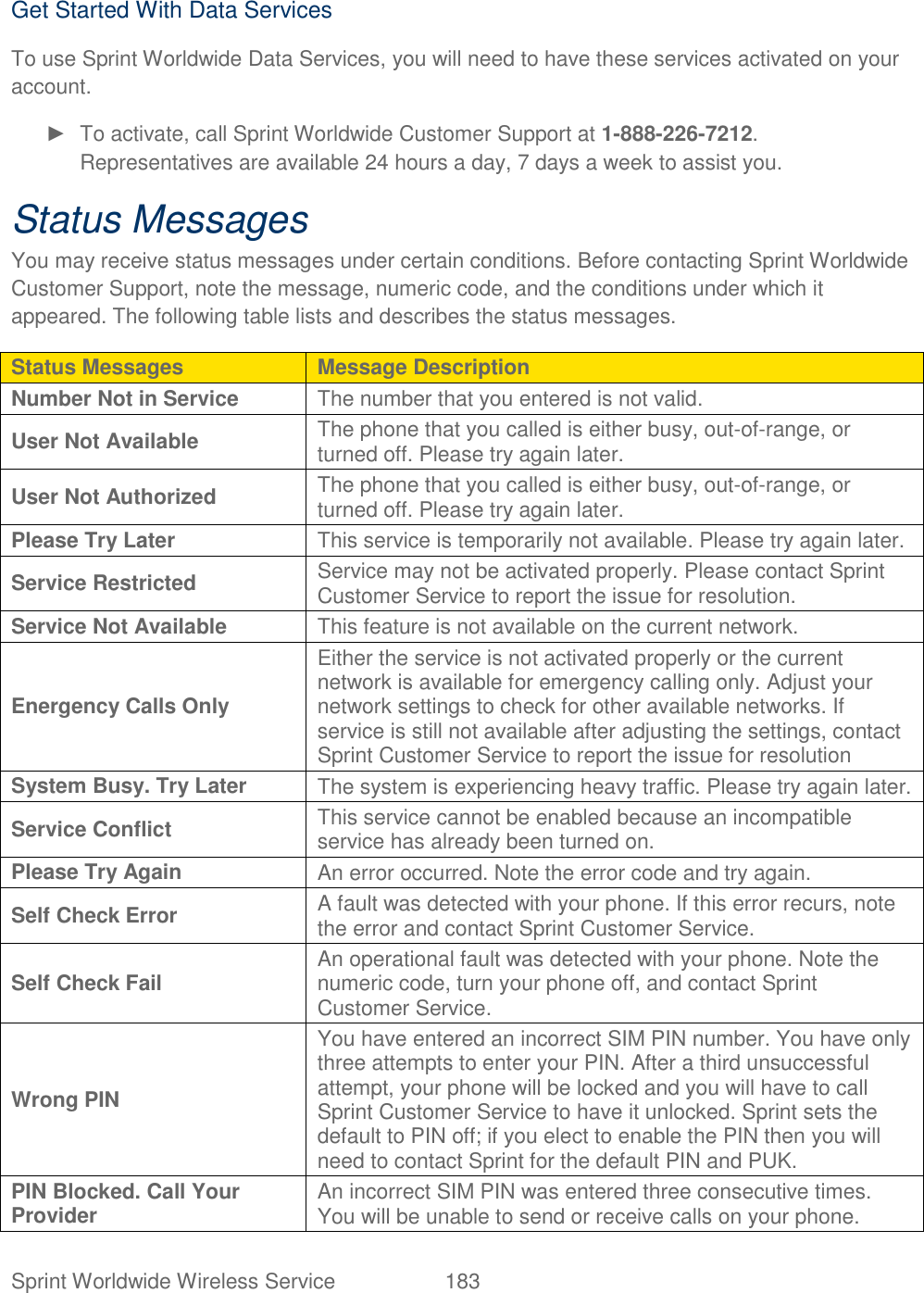 Sprint Worldwide Wireless Service  183   Get Started With Data Services To use Sprint Worldwide Data Services, you will need to have these services activated on your account. ►  To activate, call Sprint Worldwide Customer Support at 1-888-226-7212. Representatives are available 24 hours a day, 7 days a week to assist you. Status Messages You may receive status messages under certain conditions. Before contacting Sprint Worldwide Customer Support, note the message, numeric code, and the conditions under which it appeared. The following table lists and describes the status messages.  Status Messages Message Description Number Not in Service The number that you entered is not valid.  User Not Available The phone that you called is either busy, out-of-range, or turned off. Please try again later.  User Not Authorized The phone that you called is either busy, out-of-range, or turned off. Please try again later.  Please Try Later This service is temporarily not available. Please try again later.  Service Restricted Service may not be activated properly. Please contact Sprint Customer Service to report the issue for resolution.  Service Not Available This feature is not available on the current network.  Energency Calls Only Either the service is not activated properly or the current network is available for emergency calling only. Adjust your network settings to check for other available networks. If service is still not available after adjusting the settings, contact Sprint Customer Service to report the issue for resolution  System Busy. Try Later The system is experiencing heavy traffic. Please try again later. Service Conflict This service cannot be enabled because an incompatible service has already been turned on.  Please Try Again An error occurred. Note the error code and try again.  Self Check Error A fault was detected with your phone. If this error recurs, note the error and contact Sprint Customer Service.  Self Check Fail An operational fault was detected with your phone. Note the numeric code, turn your phone off, and contact Sprint Customer Service.  Wrong PIN You have entered an incorrect SIM PIN number. You have only three attempts to enter your PIN. After a third unsuccessful attempt, your phone will be locked and you will have to call Sprint Customer Service to have it unlocked. Sprint sets the default to PIN off; if you elect to enable the PIN then you will need to contact Sprint for the default PIN and PUK.  PIN Blocked. Call Your Provider An incorrect SIM PIN was entered three consecutive times. You will be unable to send or receive calls on your phone. 