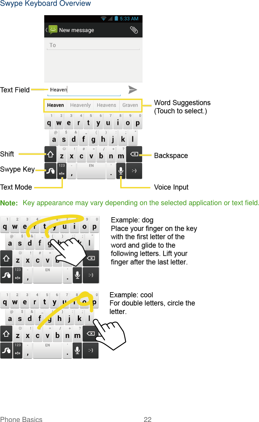 Phone Basics  22   Swype Keyboard Overview  Note:  Key appearance may vary depending on the selected application or text field.   