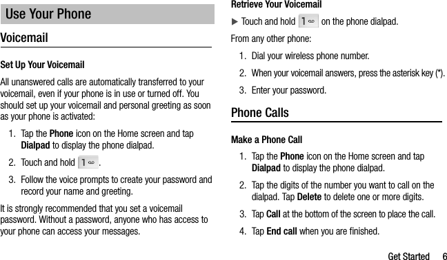 Get Started 6VoicemailSet Up Your VoicemailAll unanswered calls are automatically transferred to your voicemail, even if your phone is in use or turned off. You should set up your voicemail and personal greeting as soon as your phone is activated:1. Tap the Phone icon on the Home screen and tap Dialpad to display the phone dialpad.2. Touch and hold  .3. Follow the voice prompts to create your password and record your name and greeting.It is strongly recommended that you set a voicemail password. Without a password, anyone who has access to your phone can access your messages.Retrieve Your VoicemailTouch and hold   on the phone dialpad.From any other phone:1. Dial your wireless phone number.2. When your voicemail answers, press the asterisk key (*).3. Enter your password.Phone CallsMake a Phone Call1. Tap the Phone icon on the Home screen and tap Dialpad to display the phone dialpad. 2. Tap the digits of the number you want to call on the dialpad. Tap Delete to delete one or more digits.3. Tap Call at the bottom of the screen to place the call.4. Tap End call when you are finished.Use Your Phone