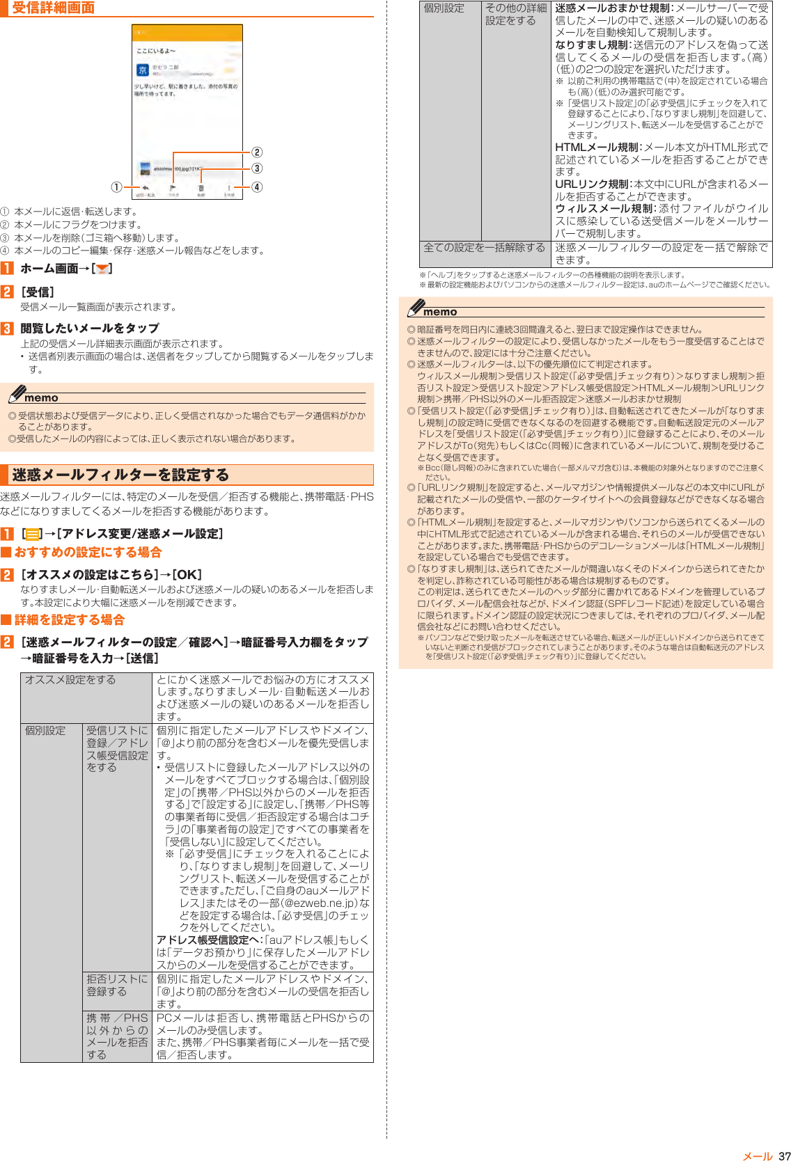 37メール受信詳細画面②① ④③① 本メールに返信・転送します。② 本メールにフラグをつけます。③ 本メールを削除（ゴミ箱へ移動）します。④ 本メールのコピー編集・保存・迷惑メール報告などをします。󱈠  ホーム画面→［ ］󱈢 ［受信］受信メール一覧画面が表示されます。󱈤  閲覧したいメールをタップ上記の受信メール詳細表示画面が表示されます。• 送信者別表示画面の場合は、送信者をタップしてから閲覧するメールをタップします。◎ 受信状態および受信データにより、正しく受信されなかった場合でもデータ通信料がかかることがあります。◎受信したメールの内容によっては、正しく表示されない場合があります。迷惑メールフィルターを設定する迷惑メールフィルターには、特定のメールを受信／拒否する機能と、携帯電話･PHSなどになりすましてくるメールを拒否する機能があります。󱈠 ［ ］→［アドレス変更/迷惑メール設定］■ おすすめの設定にする場合󱈢 ［オススメの設定はこちら］→［OK］なりすましメール・自動転送メールおよび迷惑メールの疑いのあるメールを拒否します。本設定により大幅に迷惑メールを削減できます。■ 詳細を設定する場合󱈢 ［迷惑メールフィルターの設定／確認へ］→暗証番号入力欄をタップ→暗証番号を入力→［送信］オススメ設定をする とにかく迷惑メールでお悩みの方にオススメします。なりすましメール・自動転送メールおよび迷惑メールの疑いのあるメールを拒否します。個別設定 受信リストに登録／アドレス帳受信設定をする個別に指定したメールアドレスやドメイン、「@」より前の部分を含むメールを優先受信します。• 受信リストに登録したメールアドレス以外のメールをすべてブロックする場合は、「個別設定」の「携帯／PHS以外からのメールを拒否する」で「設定する」に設定し、「携帯／PHS等の事業者毎に受信／拒否設定する場合はコチラ」の「事業者毎の設定」ですべての事業者を「受信しない」に設定してください。※ 「必ず受信」にチェックを入れることにより、「なりすまし規制」を回避して、メーリングリスト、転送メールを受信することができます。ただし、「ご自身のauメールアドレス」またはその一部（@ezweb.ne.jp）などを設定する場合は、「必ず受信」のチェックを外してください。アドレス帳受信設定へ：「auアドレス帳」もしくは「データお預かり」に保存したメールアドレスからのメールを受信することができます。拒否リストに登録する個別に指定したメールアドレスやドメイン、「@」より前の部分を含むメールの受信を拒否します。携 帯 ／PHS以外からのメールを拒否するPCメールは拒否し、携帯電話とPHSからのメールのみ受信します。また、携帯／PHS事業者毎にメールを一括で受信／拒否します。個別設定 その他の詳細設定をする迷惑メールおまかせ規制：メールサーバーで受信したメールの中で、迷惑メールの疑いのあるメールを自動検知して規制します。なりすまし規制：送信元のアドレスを偽って送信してくるメールの受信を拒否します。（高）（低）の2つの設定を選択いただけます。※ 以前ご利用の携帯電話で（中）を設定されている場合も（高）（低）のみ選択可能です。※ 「受信リスト設定」の「必ず受信」にチェックを入れて登録することにより、「なりすまし規制」を回避して、メーリングリスト、転送メールを受信することができます。HTMLメール規制：メール本文がHTML形式で記述されているメールを拒否することができます。URLリンク規制：本文中にURLが含まれるメールを拒否することができます。ウィルスメール規制：添付ファイルがウイルスに感染している送受信メールをメールサーバーで規制します。全ての設定を一括解除する 迷惑メールフィルターの設定を一括で解除できます。※ 「ヘルプ」をタップすると迷惑メールフィルターの各種機能の説明を表示します。※ 最新の設定機能およびパソコンからの迷惑メールフィルター設定は、auのホームページでご確認ください。◎ 暗証番号を同日内に連続3回間違えると、翌日まで設定操作はできません。◎ 迷惑メールフィルターの設定により、受信しなかったメールをもう一度受信することはできませんので、設定には十分ご注意ください。◎ 迷惑メールフィルターは、以下の優先順位にて判定されます。ウィルスメール規制＞受信リスト設定（「必ず受信」チェック有り）＞なりすまし規制＞拒否リスト設定＞受信リスト設定＞アドレス帳受信設定＞HTMLメール規制＞URLリンク規制＞携帯／PHS以外のメール拒否設定＞迷惑メールおまかせ規制◎ 「受信リスト設定（「必ず受信」チェック有り）」は、自動転送されてきたメールが「なりすまし規制」の設定時に受信できなくなるのを回避する機能です。自動転送設定元のメールアドレスを「受信リスト設定（「必ず受信」チェック有り）」に登録することにより、そのメールアドレスがTo（宛先）もしくはCc（同報）に含まれているメールについて、規制を受けることなく受信できます。※ Bcc（隠し同報）のみに含まれていた場合（一部メルマガ含む）は、本機能の対象外となりますのでご注意ください。◎ 「URLリンク規制」を設定すると、メールマガジンや情報提供メールなどの本文中にURLが記載されたメールの受信や、一部のケータイサイトへの会員登録などができなくなる場合があります。◎ 「HTMLメール規制」を設定すると、メールマガジンやパソコンから送られてくるメールの中にHTML形式で記述されているメールが含まれる場合、それらのメールが受信できないことがあります。また、携帯電話・PHSからのデコレーションメールは「HTMLメール規制」を設定している場合でも受信できます。◎ 「なりすまし規制」は、送られてきたメールが間違いなくそのドメインから送られてきたかを判定し、詐称されている可能性がある場合は規制するものです。この判定は、送られてきたメールのヘッダ部分に書かれてあるドメインを管理しているプロバイダ、メール配信会社などが、ドメイン認証（SPFレコード記述）を設定している場合に限られます。ドメイン認証の設定状況につきましては、それぞれのプロバイダ、メール配信会社などにお問い合わせください。※ パソコンなどで受け取ったメールを転送させている場合、転送メールが正しいドメインから送られてきていないと判断され受信がブロックされてしまうことがあります。そのような場合は自動転送元のアドレスを「受信リスト設定（「必ず受信」チェック有り）」に登録してください。