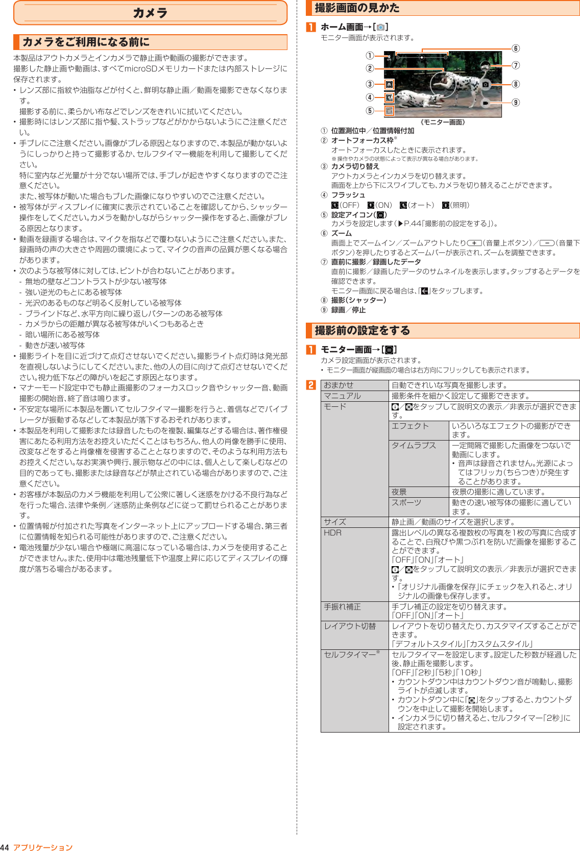 44 アプリケーションカメラカメラをご利用になる前に本製品はアウトカメラとインカメラで静止画や動画の撮影ができます。撮影した静止画や動画は、すべてmicroSDメモリカードまたは内部ストレージに保存されます。• レンズ部に指紋や油脂などが付くと、鮮明な静止画／動画を撮影できなくなります。撮影する前に、柔らかい布などでレンズをきれいに拭いてください。• 撮影時にはレンズ部に指や髪、ストラップなどがかからないようにご注意ください。• 手ブレにご注意ください。画像がブレる原因となりますので、本製品が動かないようにしっかりと持って撮影するか、セルフタイマー機能を利用して撮影してください。特に室内など光量が十分でない場所では、手ブレが起きやすくなりますのでご注意ください。また、被写体が動いた場合もブレた画像になりやすいのでご注意ください。• 被写体がディスプレイに確実に表示されていることを確認してから、シャッター操作をしてください。カメラを動かしながらシャッター操作をすると、画像がブレる原因となります。• 動画を録画する場合は、マイクを指などで覆わないようにご注意ください。また、録画時の声の大きさや周囲の環境によって、マイクの音声の品質が悪くなる場合があります。• 次のような被写体に対しては、ピントが合わないことがあります。- 無地の壁などコントラストが少ない被写体- 強い逆光のもとにある被写体- 光沢のあるものなど明るく反射している被写体- ブラインドなど、水平方向に繰り返しパターンのある被写体- カメラからの距離が異なる被写体がいくつもあるとき- 暗い場所にある被写体- 動きが速い被写体• 撮影ライトを目に近づけて点灯させないでください。撮影ライト点灯時は発光部を直視しないようにしてください。また、他の人の目に向けて点灯させないでください。視力低下などの障がいを起こす原因となります。• マナーモード設定中でも静止画撮影のフォーカスロック音やシャッター音、動画撮影の開始音、終了音は鳴ります。• 不安定な場所に本製品を置いてセルフタイマー撮影を行うと、着信などでバイブレータが振動するなどして本製品が落下するおそれがあります。• 本製品を利用して撮影または録音したものを複製、編集などする場合は、著作権侵害にあたる利用方法をお控えいただくことはもちろん、他人の肖像を勝手に使用、改変などをすると肖像権を侵害することとなりますので、そのような利用方法もお控えください。なお実演や興行、展示物などの中には、個人として楽しむなどの目的であっても、撮影または録音などが禁止されている場合がありますので、ご注意ください。• お客様が本製品のカメラ機能を利用して公衆に著しく迷惑をかける不良行為などを行った場合、法律や条例／迷惑防止条例などに従って罰せられることがあります。• 位置情報が付加された写真をインターネット上にアップロードする場合、第三者に位置情報を知られる可能性がありますので、ご注意ください。• 電池残量が少ない場合や極端に高温になっている場合は、カメラを使用することができません。また、使用中は電池残量低下や温度上昇に応じてディスプレイの輝度が落ちる場合があるます。撮影画面の見かた󱈠  ホーム画面→［ ］モニター画面が表示されます。①②⑥⑤④③⑨⑧⑦《モニター画面》① 位置測位中／位置情報付加② オートフォーカス枠※オートフォーカスしたときに表示されます。※ 操作やカメラの状態によって表示が異なる場合があります。③ カメラ切り替えアウトカメラとインカメラを切り替えます。画面を上から下にスワイプしても、カメラを切り替えることができます。④ フラッシュ（OFF）  （ON）  （オート）  （照明）⑤ 設定アイコン（ ）カメラを設定します（▶P. 44「撮影前の設定をする」）。⑥ ズーム画面上でズームイン／ズームアウトしたりr（音量上ボタン）／l（音量下ボタン）を押したりするとズームバーが表示され、ズームを調整できます。⑦ 直前に撮影／録画したデータ直前に撮影／録画したデータのサムネイルを表示します。タップするとデータを確認できます。モニター画面に戻る場合は、「 」をタップします。⑧ 撮影（シャッター）⑨ 録画／停止撮影前の設定をする󱈠  モニター画面→［ ］カメラ設定画面が表示されます。•モニター画面が縦画面の場合は右方向にフリックしても表示されます。󱈢おまかせ 自動できれいな写真を撮影します。マニュアル 撮影条件を細かく設定して撮影できます。モード ／をタップして説明文の表示／非表示が選択できます。エフェクト いろいろなエフェクトの撮影ができます。タイムラプス 一定間隔で撮影した画像をつないで動画にします。• 音声は録音されません。光源によってはフリッカ（ちらつき）が発生することがあります。夜景 夜景の撮影に適しています。スポーツ 動きの速い被写体の撮影に適しています。サイズ 静止画／動画のサイズを選択します。HDR 露出レベルの異なる複数枚の写真を1枚の写真に合成することで、白飛びや黒つぶれを防いだ画像を撮影することができます。「OFF」「ON」「オート」／をタップして説明文の表示／非表示が選択できます。• 「オリジナル画像を保存」にチェックを入れると、オリジナルの画像も保存します。手振れ補正 手ブレ補正の設定を切り替えます。「OFF」「ON」「オート」レイアウト切替 レイアウトを切り替えたり、カスタマイズすることができます。「デフォルトスタイル」「カスタムスタイル」セルフタイマー※セルフタイマーを設定します。設定した秒数が経過した後、静止画を撮影します。「OFF」「2秒」「5秒」「10秒」• カウントダウン中はカウントダウン音が鳴動し、撮影ライトが点滅します。• カウントダウン中に「 」をタップすると、カウントダウンを中止して撮影を開始します。• インカメラに切り替えると、セルフタイマー「2秒」に設定されます。