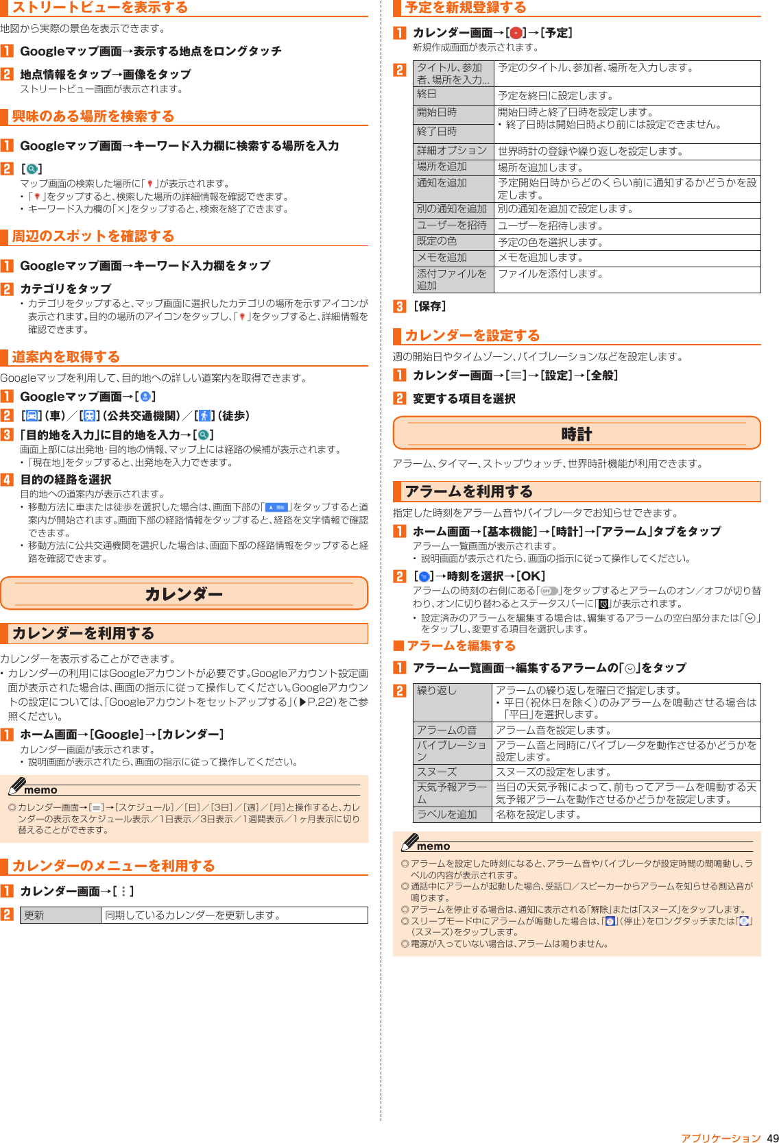 49アプリケーションストリートビューを表示する地図から実際の景色を表示できます。󱈠  Googleマップ画面→表示する地点をロングタッチ󱈢  地点情報をタップ→画像をタップストリートビュー画面が表示されます。興味のある場所を検索する󱈠  Googleマップ画面→キーワード入力欄に検索する場所を入力󱈢 ［ ］マップ画面の検索した場所に「 」が表示されます。•  「 」をタップすると、検索した場所の詳細情報を確認できます。• キーワード入力欄の「×」をタップすると、検索を終了できます。周辺のスポットを確認する󱈠  Googleマップ画面→キーワード入力欄をタップ󱈢  カテゴリをタップ• カテゴリをタップすると、マップ画面に選択したカテゴリの場所を示すアイコンが表示されます。目的の場所のアイコンをタップし、「 」をタップすると、詳細情報を確認できます。道案内を取得するGoogleマップを利用して、目的地への詳しい道案内を取得できます。󱈠  Googleマップ画面→［ ］󱈢 ［ ］（ 車 ）／［ ］（公共交通機関）／［ ］（徒歩）󱈤 「目的地を入力」に目的地を入力→［ ］画面上部には出発地・目的地の情報、マップ上には経路の候補が表示されます。• 「現在地」をタップすると、出発地を入力できます。󱈦  目的の経路を選択目的地への道案内が表示されます。• 移動方法に車または徒歩を選択した場合は、画面下部の「 」をタップすると道案内が開始されます。画面下部の経路情報をタップすると、経路を文字情報で確認できます。• 移動方法に公共交通機関を選択した場合は、画面下部の経路情報をタップすると経路を確認できます。カレンダーカレンダーを利用するカレンダーを表示することができます。• カレンダーの利用にはGoogleアカウントが必要です。Googleアカウント設定画面が表示された場合は、画面の指示に従って操作してください。Googleアカウントの設定については、「Googleアカウントをセットアップする」（▶P. 22）をご参照ください。󱈠  ホーム画面→［Google］→［カレンダー］カレンダー画面が表示されます。• 説明画面が表示されたら、画面の指示に従って操作してください。◎ カレンダー画面→［ ］→［スケジュール］／［日］／［3日］／［週］／［月］と操作すると、カレンダーの表示をスケジュール表示／1日表示／3日表示／1週間表示／1ヶ月表示に切り替えることができます。カレンダーのメニューを利用する󱈠  カレンダー画面→［ ］󱈢更新 同期しているカレンダーを更新します。予定を新規登録する󱈠カレンダー画面→［ ］→［予定］新規作成画面が表示されます。󱈢タイトル、参加者、場所を入力...予定のタイトル、参加者、場所を入力します。終日 予定を終日に設定します。開始日時 開始日時と終了日時を設定します。• 終了日時は開始日時より前には設定できません。終了日時詳細オプション 世界時計の登録や繰り返しを設定します。場所を追加 場所を追加します。通知を追加 予定開始日時からどのくらい前に通知するかどうかを設定します。別の通知を追加 別の通知を追加で設定します。ユーザーを招待 ユーザーを招待します。既定の色 予定の色を選択します。メモを追加 メモを追加します。添付ファイルを追加ファイルを添付します。󱈤［保存］カレンダーを設定する週の開始日やタイムゾーン、バイブレーションなどを設定します。󱈠カレンダー画面→［ ］→［設定］→［全般］󱈢変更する項目を選択時計アラーム、タイマー、ストップウォッチ、世界時計機能が利用できます。アラームを利用する指定した時刻をアラーム音やバイブレータでお知らせできます。󱈠ホーム画面→［基本機能］→［時計］→「アラーム」タブをタップアラーム一覧画面が表示されます。• 説明画面が表示されたら、画面の指示に従って操作してください。󱈢［ ］→時刻を選択→［OK］アラームの時刻の右側にある「 」をタップするとアラームのオン／オフが切り替わり、オンに切り替わるとステータスバーに「 」が表示されます。• 設定済みのアラームを編集する場合は、編集するアラームの空白部分または「 」をタップし、変更する項目を選択します。■ アラームを編集する󱈠アラーム一覧画面→編集するアラームの「 」をタップ󱈢繰り返し アラームの繰り返しを曜日で指定します。• 平日（祝休日を除く）のみアラームを鳴動させる場合は「平日」を選択します。アラームの音 アラーム音を設定します。バイブレーションアラーム音と同時にバイブレータを動作させるかどうかを設定します。スヌーズ スヌーズの設定をします。天気予報アラーム当日の天気予報によって、前もってアラームを鳴動する天気予報アラームを動作させるかどうかを設定します。ラベルを追加 名称を設定します。◎ アラームを設定した時刻になると、アラーム音やバイブレータが設定時間の間鳴動し、ラベルの内容が表示されます。◎ 通話中にアラームが起動した場合、受話口／スピーカーからアラームを知らせる割込音が鳴ります。◎ アラームを停止する場合は、通知に表示される「解除」または「スヌーズ」をタップします。◎ スリープモード中にアラームが鳴動した場合は、「 」（停止）をロングタッチまたは「 」（スヌーズ）をタップします。◎ 電源が入っていない場合は、アラームは鳴りません。