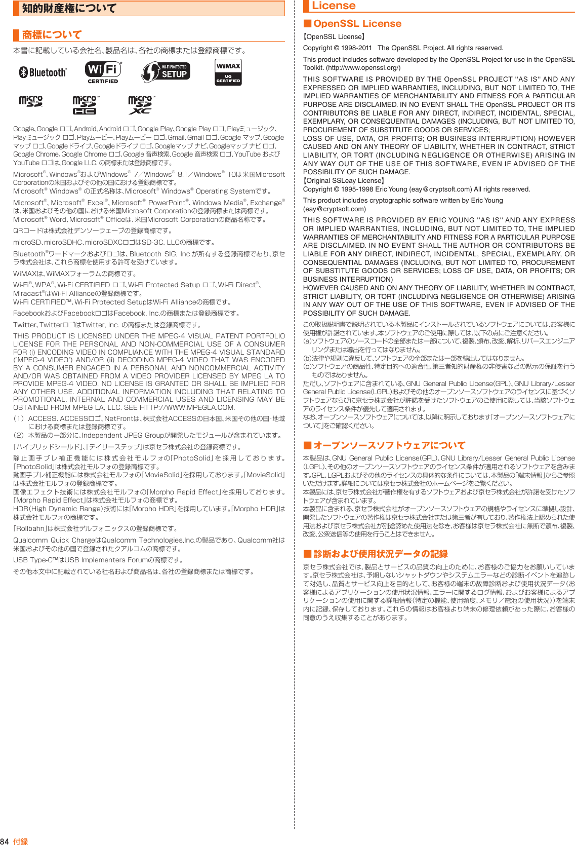 84 付録知的財産権について商標について本書に記載している会社名、製品名は、各社の商標または登録商標です。Google、Google ロゴ、Android、Android ロゴ、Google Play、Google Play ロゴ、Playミュージック、Playミュージック ロゴ、Playムービー、Playムービー ロゴ、Gmail、Gmail ロゴ、Google マップ、Google マップ ロゴ、Googleドライブ、Googleドライブ ロゴ、Googleマップ ナビ、Googleマップ ナビ ロゴ、Google Chrome、Google Chrome ロゴ、Google 音声検索、Google 音声検索 ロゴ、YouTube および YouTube ロゴは、Google LLC. の商標または登録商標です。Microsoft®、W i n d o w s®およ びWindows® 7／Windows® 8.1／Windows® 10は米 国Microsoft Corporationの米国およびその他の国における登録商標です。Microsoft® Windows® の正式名称は、Microsoft® Windows® Operating Systemです。Microsoft®、Microsoft® Excel®、Microsoft® PowerPoint®、Windows Media®、Exchange®は、米国およびその他の国における米国Microsoft Corporationの登録商標または商標です。Microsoft® Word、Microsoft® Officeは、米国Microsoft Corporationの商品名称です。QRコードは株式会社デンソーウェーブの登録商標です。microSD、microSDHC、microSDXCロゴはSD-3C, LLCの商標です。Bluetooth®ワードマークおよびロゴは、Bluetooth SIG, Inc.が所有する登録商標であり、京セラ株式会社は、これら商標を使用する許可を受けています。WiMAXは、WiMAXフォーラムの商標です。Wi-Fi®、WPA®、Wi-Fi CERTIFIED ロゴ、Wi-Fi Protected Setup ロゴ、Wi-Fi Direct®、Miracast®はWi-Fi Allianceの登録商標です。Wi-Fi CERTIFIED™、Wi-Fi Protected SetupはWi-Fi Allianceの商標です。FacebookおよびFacebookロゴはFacebook, Inc.の商標または登録商標です。Twitter、TwitterロゴはTwitter, Inc. の商標または登録商標です。THIS PRODUCT IS LICENSED UNDER THE MPEG-4 VISUAL PATENT PORTFOLIO LICENSE FOR THE PERSONAL AND NON-COMMERCIAL USE OF A CONSUMER FOR (i) ENCODING VIDEO IN COMPLIANCE WITH THE MPEG-4 VISUAL STANDARD (&quot;MPEG-4 VIDEO&quot;)  AND/OR  (ii) DECODING  MPEG-4 VIDEO  THAT WAS  ENCODED BY A  CONSUMER  ENGAGED IN  A PERSONAL  AND NONCOMMERCIAL  ACTIVITY AND/OR WAS OBTAINED FROM A VIDEO PROVIDER LICENSED BY MPEG LA TO PROVIDE MPEG-4 VIDEO. NO LICENSE IS GRANTED OR SHALL BE IMPLIED FOR ANY OTHER USE. ADDITIONAL INFORMATION INCLUDING THAT RELATING TO PROMOTIONAL, INTERNAL AND COMMERCIAL USES AND LICENSING MAY BE OBTAINED FROM MPEG LA, LLC. SEE HTTP://WWW.MPEGLA.COM.（1）   ACCESS、ACCESSロゴ、NetFrontは、株式会社ACCESSの日本国、米国その他の国・地域における商標または登録商標です。（2）   本製品の一部分に、Independent JPEG Groupが開発したモジュールが含まれています。「ハイブリッドシールド」、「デイリーステップ」は京セラ株式会社の登録商標です。静止画手ブレ補正機能には株式会社モルフォの「PhotoSolid」を採用しております。「PhotoSolid」は株式会社モルフォの登録商標です。動画手ブレ補正機能には株式会社モルフォの「MovieSolid」を採用しております。「MovieSolid」は株式会社モルフォの登録商標です。画像エフェクト技術には株式会社モルフォの「Morpho Rapid Effect」を採用しております。「Morpho Rapid Effect」は株式会社モルフォの商標です。HDR（High Dynamic Range）技術には「Morpho HDR」を採用しています。「Morpho HDR」は株式会社モルフォの商標です。「Rollbahn」は株式会社デルフォニックスの登録商標です。Qualcomm Quick  ChargeはQualcomm Technologies,Inc.の製品であり、Qualcomm社は米国およびその他の国で登録されたクアルコムの商標です。USB Type-C™はUSB Implementers Forumの商標です。その他本文中に記載されている社名および商品名は、各社の登録商標または商標です。License■ OpenSSL License【OpenSSL License】Copyright © 1998-2011   The OpenSSL Project. All rights reserved.This product includes software developed by the OpenSSL Project for use in the OpenSSL Toolkit. (http://www.openssl.org/)THIS SOFTWARE IS PROVIDED BY THE OpenSSL PROJECT &apos;&apos;AS IS&apos;&apos; AND ANY EXPRESSED OR IMPLIED WARRANTIES, INCLUDING, BUT NOT LIMITED TO, THE IMPLIED WARRANTIES OF MERCHANTABILITY AND FITNESS FOR A PARTICULAR PURPOSE ARE DISCLAIMED. IN NO EVENT SHALL THE OpenSSL PROJECT OR ITS CONTRIBUTORS BE LIABLE FOR ANY DIRECT, INDIRECT, INCIDENTAL, SPECIAL, EXEMPLARY, OR CONSEQUENTIAL DAMAGES (INCLUDING, BUT NOT LIMITED TO, PROCUREMENT OF SUBSTITUTE GOODS OR SERVICES;LOSS OF USE, DATA, OR PROFITS; OR BUSINESS INTERRUPTION) HOWEVER CAUSED AND ON ANY THEORY OF LIABILITY, WHETHER IN CONTRACT, STRICT LIABILITY, OR TORT (INCLUDING NEGLIGENCE OR OTHERWISE) ARISING IN ANY WAY OUT OF THE USE OF THIS SOFTWARE, EVEN IF ADVISED OF THE POSSIBILITY OF SUCH DAMAGE.【Original SSLeay License】Copyright © 1995-1998 Eric Young (eay@cryptsoft.com) All rights reserved.This product includes cryptographic software written by Eric Young(eay@cryptsoft.com)THIS SOFTWARE IS PROVIDED BY ERIC YOUNG &apos;&apos;AS IS&apos;&apos; AND ANY EXPRESS OR IMPLIED WARRANTIES, INCLUDING, BUT NOT LIMITED TO, THE IMPLIED WARRANTIES OF MERCHANTABILITY AND FITNESS FOR A PARTICULAR PURPOSE ARE DISCLAIMED. IN NO EVENT SHALL THE AUTHOR OR CONTRIBUTORS BE LIABLE FOR ANY DIRECT, INDIRECT, INCIDENTAL, SPECIAL, EXEMPLARY, OR CONSEQUENTIAL DAMAGES (INCLUDING, BUT NOT LIMITED TO, PROCUREMENT OF SUBSTITUTE GOODS OR SERVICES; LOSS OF USE, DATA, OR PROFITS; OR BUSINESS INTERRUPTION)HOWEVER CAUSED AND ON ANY THEORY OF LIABILITY, WHETHER IN CONTRACT, STRICT LIABILITY, OR TORT (INCLUDING NEGLIGENCE OR OTHERWISE) ARISING IN ANY WAY OUT OF THE USE OF THIS SOFTWARE, EVEN IF ADVISED OF THE POSSIBILITY OF SUCH DAMAGE.この取扱説明書で説明されている本製品にインストールされているソフトウェアについては、お客様に使用権が許諾されています。本ソフトウェアのご使用に際しては、以下の点にご注意ください。（a） ソフトウェアのソースコードの全部または一部について、複製、頒布、改変、解析、リバースエンジニアリングまたは導出を行ってはなりません。（b） 法律や規則に違反して、ソフトウェアの全部または一部を輸出してはなりません。（c） ソフトウェアの商品性、特定目的への適合性、第三者知的財産権の非侵害などの黙示の保証を行うものではありません。ただし、ソフトウェアに含まれている、GNU General Public License（GPL）、GNU Library/Lesser General Public License（LGPL）およびその他のオープンソースソフトウェアのライセンスに基づくソフト ウェ アな ら びに 京 セ ラ 株 式 会 社 が 許 諾 を 受 け た ソフト ウェア の ご 使 用 に 際し て は、当 該 ソ フトウ ェアのライセンス条件が優先して適用されます。なお、オープンソースソフトウェアについては、以降に明示しております「オープンソースソフトウェアについて」をご確認ください。■ オープンソースソフトウェアについて本製品は、GNU General Public License（GPL）、GNU Library/Lesser General Public License（LGPL）、その他のオープンソースソフトウェアのライセンス条件が適用されるソフトウェアを含みます。GPL、LGPLおよびその他のライセンスの具体的な条件については、本製品の「端末情報」からご参照いただけます。詳細については京セラ株式会社のホームページをご覧ください。本製品には、京セラ株式会社が著作権を有するソフトウェアおよび京セラ株式会社が許諾を受けたソフトウェアが含まれています。本製品に含まれる、京セラ株式会社がオープンソースソフトウェアの規格やライセンスに準拠し設計、開発したソフトウェアの著作権は京セラ株式会社または第三者が有しており、著作権法上認められた使用法および京セラ株式会社が別途認めた使用法を除き、お客様は京セラ株式会社に無断で頒布、複製、改変、公衆送信等の使用を行うことはできません。■ 診断および使用状況データの記録京セラ株式会社では、製品とサービスの品質の向上のために、お客様のご協力をお願いしています。京セラ株式会社は、予期しないシャットダウンやシステムエラーなどの診断イベントを追跡して対処し、品質とサービス向上を目的として、お客様の端末の故障診断および使用状況データ（お客様によるアプリケーションの使用状況情報、エラーに関するログ情報、およびお客様によるアプリケーションの使用に関する詳細情報（特定の機能、使用頻度、メモリ／電池の使用状況））を端末内に記録、保存しております。これらの情報はお客様より端末の修理依頼があった際に、お客様の同意のうえ収集することがあります。