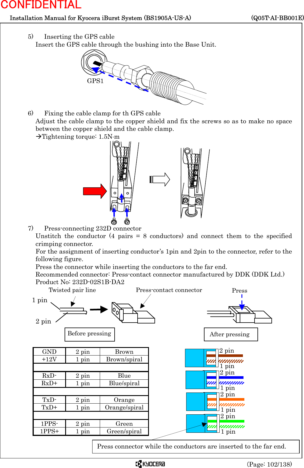  Installation Manual for Kyocera iBurst System (BS1905A-US-A)     (Q05T-AI-BB001E) (Page: 102/138) CONFIDENTIAL  5)    Inserting the GPS cable Insert the GPS cable through the bushing into the Base Unit.         6)    Fixing the cable clamp for th GPS cable Adjust the cable clamp to the copper shield and fix the screws so as to make no space between the copper shield and the cable clamp. ÆTightening torque: 1.5N⋅m            7)    Press-connecting 232D connector Unstitch the conductor (4 pairs = 8 conductors) and connect them to the specified crimping connector. For the assignment of inserting conductor’s 1pin and 2pin to the connector, refer to the following figure. Press the connector while inserting the conductors to the far end. Recommended connector: Press-contact connector manufactured by DDK (DDK Ltd.) Product No: 232D-02S1B-DA2         GND 2 pin  Brown +12V 1 pin Brown/spiral     RxD- 2 pin  Blue RxD+ 1 pin Blue/spiral     TxD- 2 pin  Orange TxD+ 1 pin Orange/spiral     1PPS- 2 pin  Green 1PPS+ 1 pin Green/spiral  Twisted pair line Press-contact connector2 pin1 pinBefore pressing After pressingPressGPS1 1 pin 2 pin 1 pin 2 pin 1 pin 2 pin 1 pin 2 pin Press connector while the conductors are inserted to the far end. 