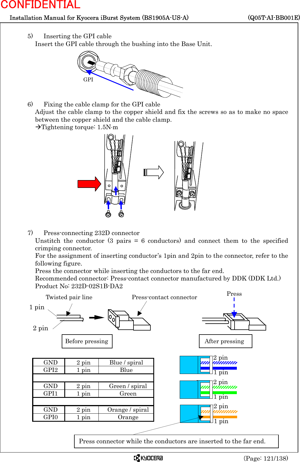  Installation Manual for Kyocera iBurst System (BS1905A-US-A)     (Q05T-AI-BB001E) (Page: 121/138) CONFIDENTIAL  5)    Inserting the GPI cable Insert the GPI cable through the bushing into the Base Unit.        6)    Fixing the cable clamp for the GPI cable Adjust the cable clamp to the copper shield and fix the screws so as to make no space between the copper shield and the cable clamp. ÆTightening torque: 1.5N⋅m              7)    Press-connecting 232D connector Unstitch the conductor (3 pairs = 6 conductors) and connect them to the specified crimping connector. For the assignment of inserting conductor’s 1pin and 2pin to the connector, refer to the following figure. Press the connector while inserting the conductors to the far end. Recommended connector: Press-contact connector manufactured by DDK (DDK Ltd.) Product No: 232D-02S1B-DA2          GND  2 pin  Blue / spiral GPI2 1 pin  Blue     GND  2 pin  Green / spiral GPI1 1 pin  Green     GND  2 pin  Orange / spiral GPI0 1 pin  Orange  GPI Twisted pair line Press-contact connector2 pin1 pinBefore pressing After pressingPressPress connector while the conductors are inserted to the far end. 2 pin 1 pin 2 pin 1 pin 2 pin 1 pin 