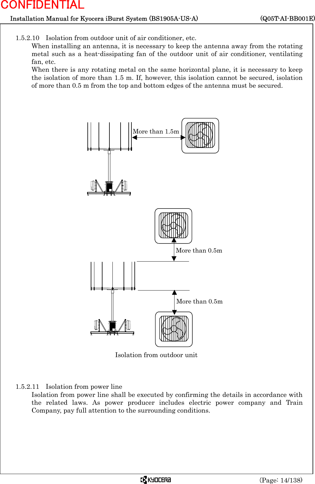  Installation Manual for Kyocera iBurst System (BS1905A-US-A)     (Q05T-AI-BB001E) (Page: 14/138) CONFIDENTIAL  1.5.2.10 Isolation from outdoor unit of air conditioner, etc. When installing an antenna, it is necessary to keep the antenna away from the rotating metal such as a heat-dissipating fan of the outdoor unit of air conditioner, ventilating fan, etc.   When there is any rotating metal on the same horizontal plane, it is necessary to keep the isolation of more than 1.5 m. If, however, this isolation cannot be secured, isolation of more than 0.5 m from the top and bottom edges of the antenna must be secured.                                                                                Isolation from outdoor unit    1.5.2.11  Isolation from power line Isolation from power line shall be executed by confirming the details in accordance with the related laws. As power producer includes electric power company and Train Company, pay full attention to the surrounding conditions.   More than 1.5m More than 0.5m More than 0.5m 