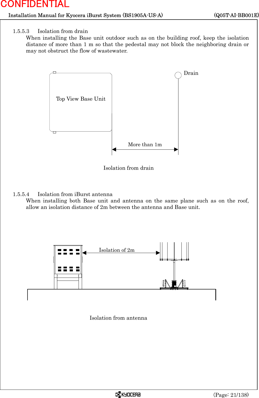  Installation Manual for Kyocera iBurst System (BS1905A-US-A)     (Q05T-AI-BB001E) (Page: 21/138) CONFIDENTIAL  1.5.5.3  Isolation from drain When installing the Base unit outdoor such as on the building roof, keep the isolation distance of more than 1 m so that the pedestal may not block the neighboring drain or may not obstruct the flow of wastewater.                  Isolation from drain    1.5.5.4  Isolation from iBurst antenna When installing both Base unit and antenna on the same plane such as on the roof, allow an isolation distance of 2m between the antenna and Base unit.                 Isolation from antenna     Top View Base Unit Drain More than 1m Isolation of 2m  
