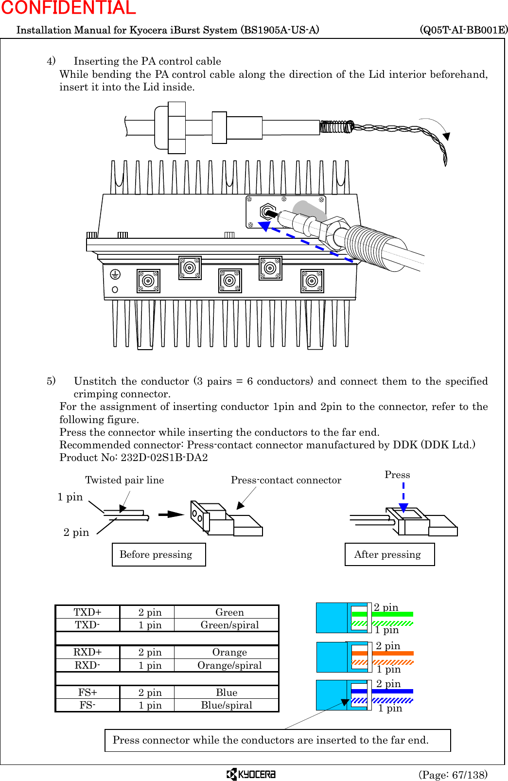  Installation Manual for Kyocera iBurst System (BS1905A-US-A)     (Q05T-AI-BB001E) (Page: 67/138) CONFIDENTIAL  4)    Inserting the PA control cable While bending the PA control cable along the direction of the Lid interior beforehand, insert it into the Lid inside.                       5)   Unstitch the conductor (3 pairs = 6 conductors) and connect them to the specified crimping connector. For the assignment of inserting conductor 1pin and 2pin to the connector, refer to the following figure. Press the connector while inserting the conductors to the far end. Recommended connector: Press-contact connector manufactured by DDK (DDK Ltd.) Product No: 232D-02S1B-DA2            TXD+ 2 pin  Green TXD- 1 pin Green/spiral     RXD+ 2 pin  Orange RXD- 1 pin Orange/spiral     FS+ 2 pin  Blue FS- 1 pin Blue/spiral   Twisted pair line Press-contact connector2 pin1 pinBefore pressing After pressingPress     1 pin 2 pin 2 pin 2 pin 1 pin 1 pin Press connector while the conductors are inserted to the far end. 