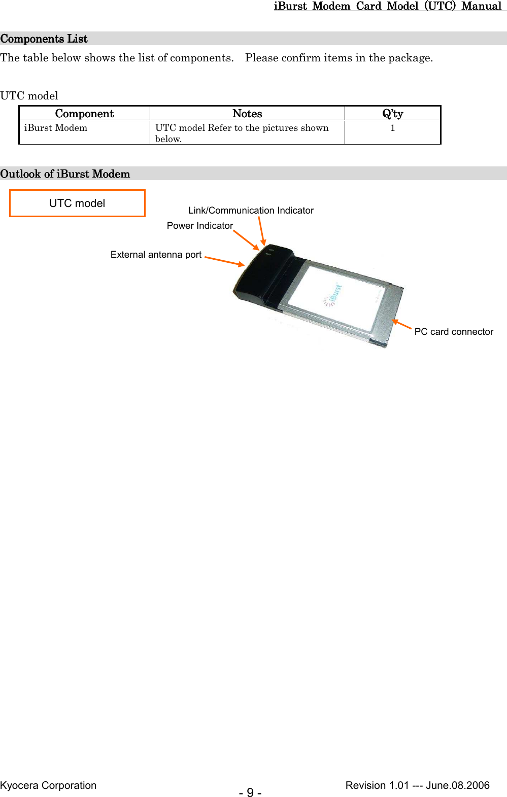 iBurst  Modem  Card  Model  (UTC)  Manual iBurst  Modem  Card  Model  (UTC)  Manual iBurst  Modem  Card  Model  (UTC)  Manual iBurst  Modem  Card  Model  (UTC)  Manual       Kyocera Corporation                                                                                              Revision 1.01 --- June.08.2006 - 9 - Components List                                                                                                                                                       Components List                                                                                                                                                       Components List                                                                                                                                                       Components List                                                                                                                                                            The table below shows the list of components.    Please confirm items in the package.  UTC model ComponentComponentComponentComponent     NotesNotesNotesNotes     Q’Q’Q’Q’tytytyty    iBurst Modem  UTC model Refer to the pictures shown below. 1  Outlook of iBurst Outlook of iBurst Outlook of iBurst Outlook of iBurst Modem     Modem     Modem     Modem                                                                                                                                                                                                                                                                              UTC model PC card connector External antenna port Power Indicator Link/Communication Indicator 