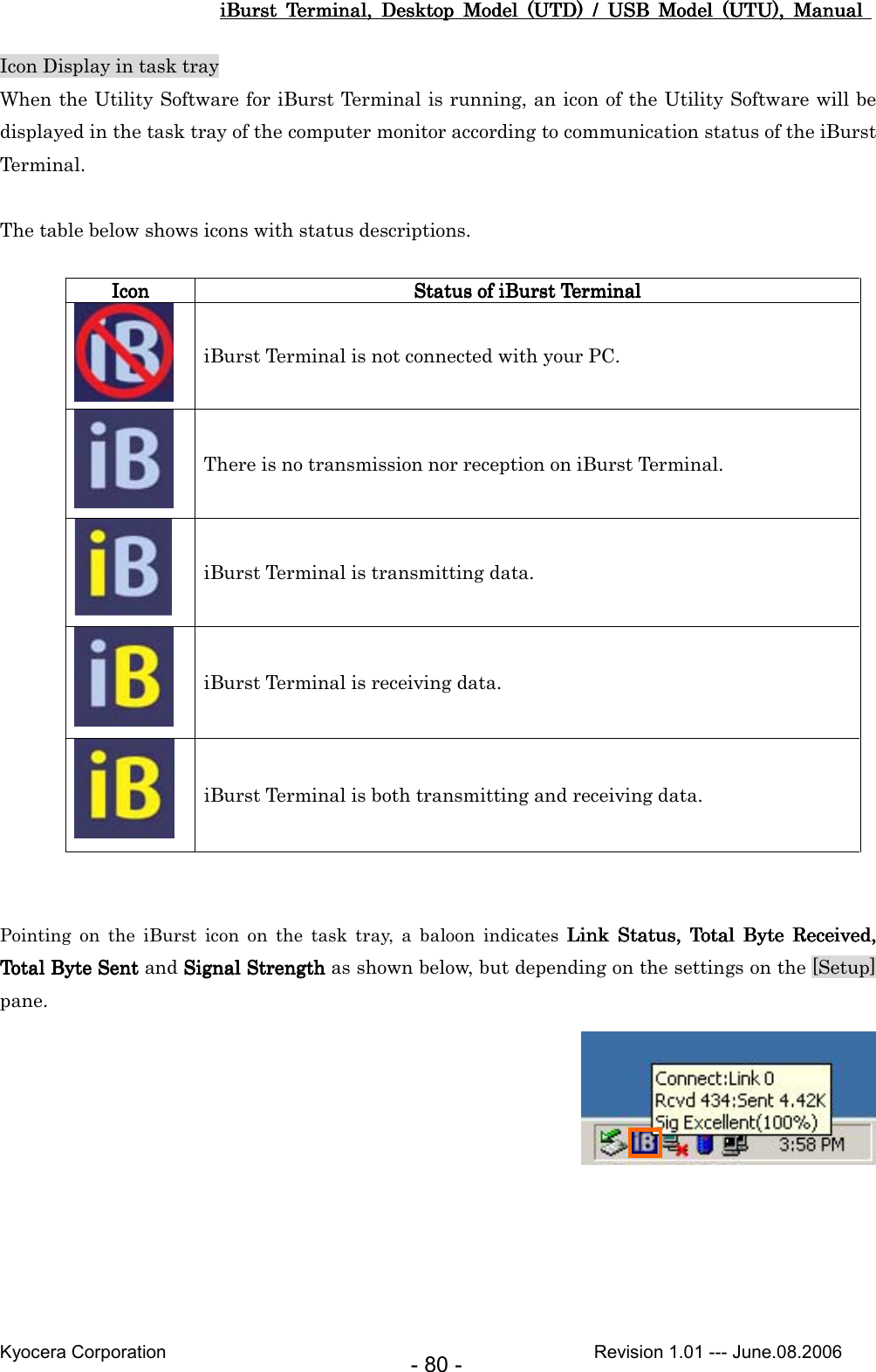 iBurst  Terminal,  Desktop  Model  (UTD)  /  USB  Model  (UTU),  Manual iBurst  Terminal,  Desktop  Model  (UTD)  /  USB  Model  (UTU),  Manual iBurst  Terminal,  Desktop  Model  (UTD)  /  USB  Model  (UTU),  Manual iBurst  Terminal,  Desktop  Model  (UTD)  /  USB  Model  (UTU),  Manual       Kyocera Corporation                                                                                              Revision 1.01 --- June.08.2006 - 80 - Icon Display in task tray When the Utility Software for iBurst Terminal is running, an icon of the Utility Software will be displayed in the task tray of the computer monitor according to communication status of the iBurst Terminal.  The table below shows icons with status descriptions.   Pointing  on  the  iBurst  icon  on  the  task  tray,  a  baloon  indicates Link  Status,  Total  Byte  Received, Link  Status,  Total  Byte  Received, Link  Status,  Total  Byte  Received, Link  Status,  Total  Byte  Received, Total Byte SentTotal Byte SentTotal Byte SentTotal Byte Sent    and    Signal StrengthSignal StrengthSignal StrengthSignal Strength as shown below, but depending on the settings on the [Setup] pane.      IconIconIconIcon     Status ofStatus ofStatus ofStatus of iBurst Terminal iBurst Terminal iBurst Terminal iBurst Terminal      iBurst Terminal is not connected with your PC.  There is no transmission nor reception on iBurst Terminal.  iBurst Terminal is transmitting data.  iBurst Terminal is receiving data.  iBurst Terminal is both transmitting and receiving data. 