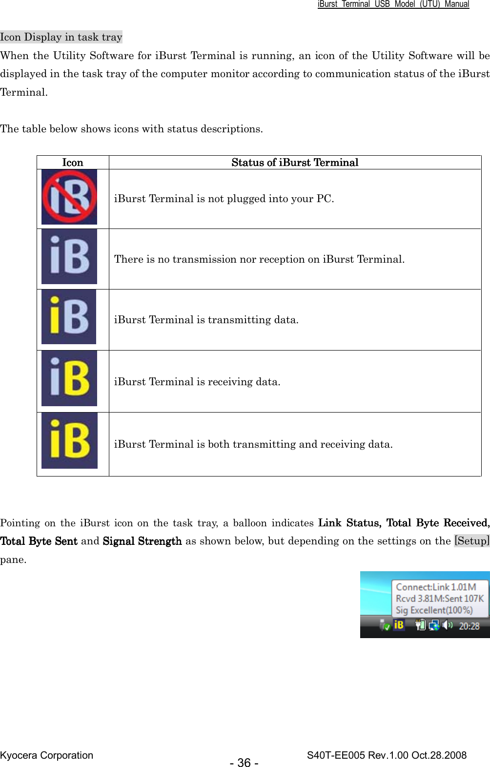 iBurst  Terminal  USB  Model  (UTU)  Manual Kyocera Corporation                                                                                    S40T-EE005 Rev.1.00 Oct.28.2008 - 36 - Icon Display in task tray When the Utility Software for iBurst Terminal is running, an icon of the Utility Software will be displayed in the task tray of the computer monitor according to communication status of the iBurst Terminal.  The table below shows icons with status descriptions.   Pointing  on  the  iBurst  icon  on  the  task  tray,  a  balloon  indicates Link  Status,  Total  Byte  Received, Link  Status,  Total  Byte  Received, Link  Status,  Total  Byte  Received, Link  Status,  Total  Byte  Received, Total Byte Sent Total Byte Sent Total Byte Sent Total Byte Sent and Signal Strength Signal Strength Signal Strength Signal Strength as shown below, but depending on the settings on the [Setup] pane.      IconIconIconIcon     StatuStatuStatuStatus of iBurst Terminals of iBurst Terminals of iBurst Terminals of iBurst Terminal      iBurst Terminal is not plugged into your PC.  There is no transmission nor reception on iBurst Terminal.  iBurst Terminal is transmitting data.  iBurst Terminal is receiving data.  iBurst Terminal is both transmitting and receiving data. 
