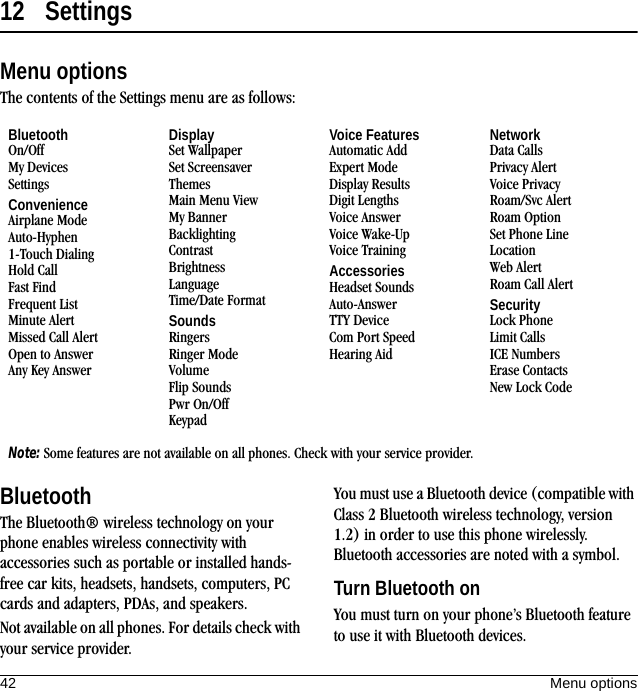 42 Menu options12 SettingsMenu optionsThe contents of the Settings menu are as follows:BluetoothThe Bluetooth® wireless technology on your phone enables wireless connectivity with accessories such as portable or installed hands-free car kits, headsets, handsets, computers, PC cards and adapters, PDAs, and speakers.Not available on all phones. For details check with your service provider.You must use a Bluetooth device (compatible with Class 2 Bluetooth wireless technology, version 1.2) in order to use this phone wirelessly. Bluetooth accessories are noted with a symbol.Turn Bluetooth onYou must turn on your phone’s Bluetooth feature to use it with Bluetooth devices.BluetoothOn/OffMy DevicesSettingsConvenienceAirplane ModeAuto-Hyphen1-Touch DialingHold CallFast FindFrequent ListMinute AlertMissed Call AlertOpen to AnswerAny Key AnswerDisplaySet WallpaperSet ScreensaverThemesMain Menu ViewMy BannerBacklightingContrastBrightnessLanguageTime/Date FormatSoundsRingersRinger ModeVolumeFlip SoundsPwr On/OffKeypadVoice FeaturesAutomatic AddExpert ModeDisplay ResultsDigit LengthsVoice AnswerVoice Wake-UpVoice TrainingAccessoriesHeadset SoundsAuto-AnswerTTY DeviceCom Port SpeedHearing AidNetworkData CallsPrivacy AlertVoice PrivacyRoam/Svc AlertRoam OptionSet Phone LineLocationWeb AlertRoam Call AlertSecurityLock PhoneLimit CallsICE NumbersErase ContactsNew Lock CodeNote: Some features are not available on all phones. Check with your service provider.