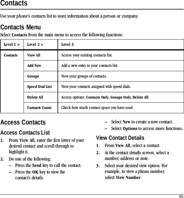 35ContactsUse your phone’s contacts list to store information about a person or company.Contacts MenuSelect Contacts from the main menu to access the following functions:Access ContactsAccess Contacts List1. From View All, enter the first letter of your desired contact and scroll through to highlight it. 2. Do one of the following:–Press the Send key to call the contact.–Press the OK key to view the contact’s details.–Select New to create a new contact.–Select Options to access more functions.View Contact Details1. From View All, select a contact.2. At the contact details screen, select a number, address or note.3. Select your desired view option. For example, to view a phone number, select View Number.Level 1 &gt; Level 2 &gt;  Level 3Contacts View All Access your existing contacts list.Add New Add a new entry to your contacts list.Groups View your groups of contacts.Speed Dial List View your contacts assigned with speed dials.Delete All Access options: Contacts Only, Groups Only, Delete All.Contacts Count Check how much contact space you have used.