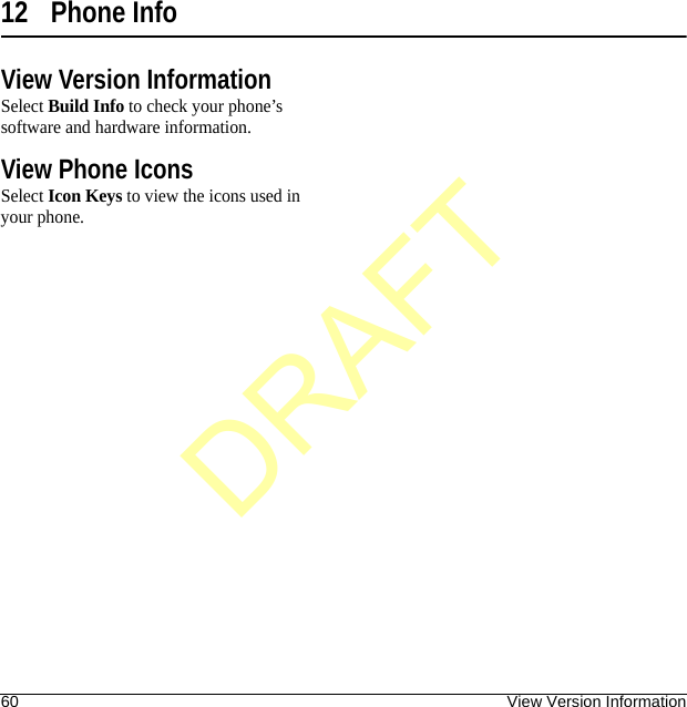 60 View Version Information12 Phone InfoView Version InformationSelect Build Info to check your phone’s software and hardware information.View Phone IconsSelect Icon Keys to view the icons used in your phone.DRAFT
