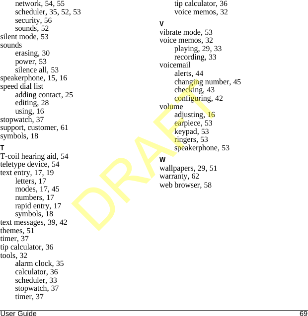 User Guide 69network, 54, 55scheduler, 35, 52, 53security, 56sounds, 52silent mode, 53soundserasing, 30power, 53silence all, 53speakerphone, 15, 16speed dial listadding contact, 25editing, 28using, 16stopwatch, 37support, customer, 61symbols, 18TT-coil hearing aid, 54teletype device, 54text entry, 17, 19letters, 17modes, 17, 45numbers, 17rapid entry, 17symbols, 18text messages, 39, 42themes, 51timer, 37tip calculator, 36tools, 32alarm clock, 35calculator, 36scheduler, 33stopwatch, 37timer, 37tip calculator, 36voice memos, 32Vvibrate mode, 53voice memos, 32playing, 29, 33recording, 33voicemailalerts, 44changing number, 45checking, 43configuring, 42volumeadjusting, 16earpiece, 53keypad, 53ringers, 53speakerphone, 53Wwallpapers, 29, 51warranty, 62web browser, 58DRAFT