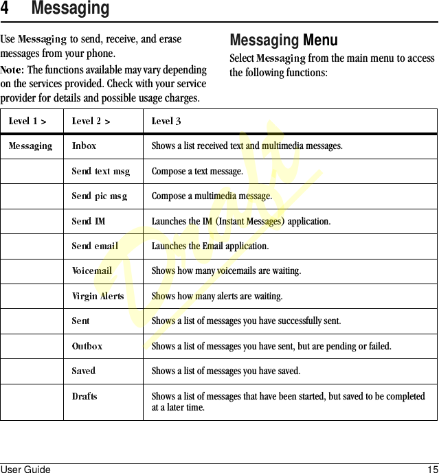 User Guide 154MessagingUse   to send, receive, and erase messages from your phone.The functions available may vary depending on the services provided. Check with your service provider for details and possible usage charges.Messaging MenuSelect   from the main menu to access the following functions:Shows a list received text and multimedia messages.Compose a text message.Compose a multimedia message.Launches the IM (Instant Messages) application.Launches the Email application.Shows how many voicemails are waiting.Shows how many alerts are waiting.Shows a list of messages you have successfully sent.Shows a list of messages you have sent, but are pending or failed.Shows a list of messages you have saved.Shows a list of messages that have been started, but saved to be completed at a later time.Draft