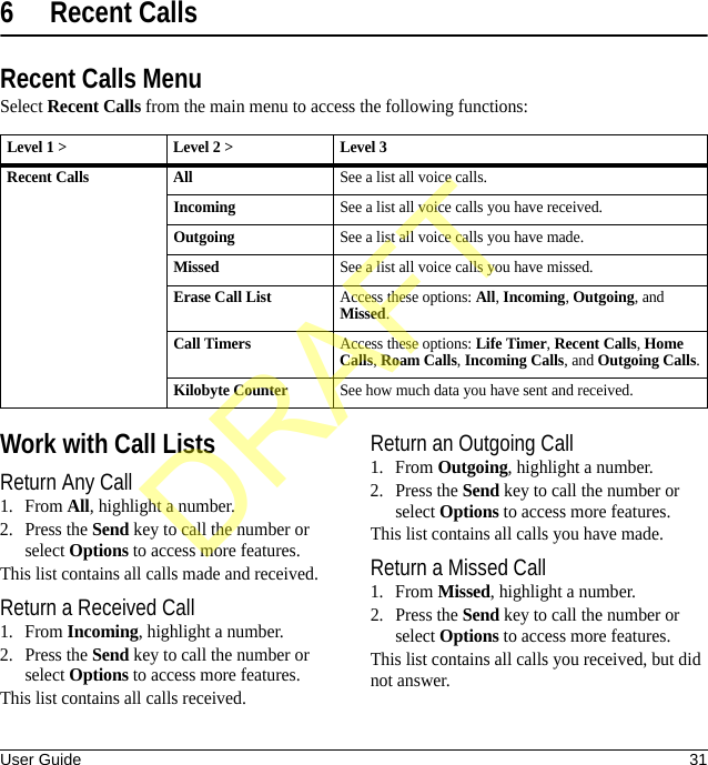 User Guide 316 Recent CallsRecent Calls MenuSelect Recent Calls from the main menu to access the following functions:Work with Call ListsReturn Any Call1. From All, highlight a number.2. Press the Send key to call the number or select Options to access more features.This list contains all calls made and received.Return a Received Call1. From Incoming, highlight a number.2. Press the Send key to call the number or select Options to access more features.This list contains all calls received.Return an Outgoing Call1. From Outgoing, highlight a number.2. Press the Send key to call the number or select Options to access more features.This list contains all calls you have made.Return a Missed Call1. From Missed, highlight a number.2. Press the Send key to call the number or select Options to access more features.This list contains all calls you received, but did not answer.Level 1 &gt; Level 2 &gt;  Level 3Recent Calls AllSee a list all voice calls.IncomingSee a list all voice calls you have received.OutgoingSee a list all voice calls you have made.MissedSee a list all voice calls you have missed.Erase Call ListAccess these options: All, Incoming, Outgoing, and Missed.Call TimersAccess these options: Life Timer, Recent Calls, Home Calls, Roam Calls, Incoming Calls, and Outgoing Calls.Kilobyte CounterSee how much data you have sent and received.DRAFT