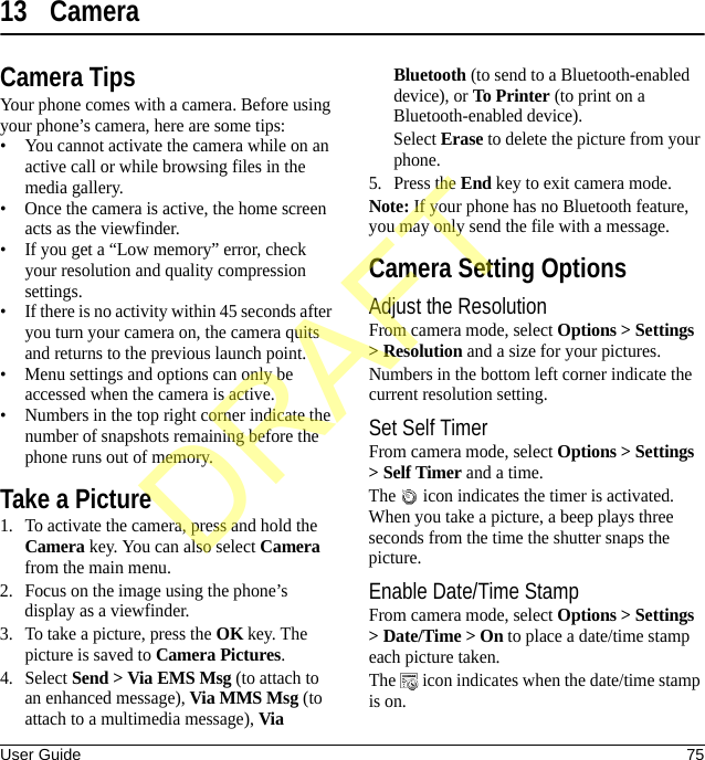 User Guide 7513 CameraCamera TipsYour phone comes with a camera. Before using your phone’s camera, here are some tips:• You cannot activate the camera while on an active call or while browsing files in the media gallery.• Once the camera is active, the home screen acts as the viewfinder.• If you get a “Low memory” error, check your resolution and quality compression settings.• If there is no activity within 45 seconds after you turn your camera on, the camera quits and returns to the previous launch point.• Menu settings and options can only be accessed when the camera is active.• Numbers in the top right corner indicate the number of snapshots remaining before the phone runs out of memory.Take a Picture1. To activate the camera, press and hold the Camera key. You can also select Camera from the main menu.2. Focus on the image using the phone’s display as a viewfinder.3. To take a picture, press the OK key. The picture is saved to Camera Pictures.4. Select Send &gt; Via EMS Msg (to attach to an enhanced message), Via MMS Msg (to attach to a multimedia message), Via Bluetooth (to send to a Bluetooth-enabled device), or To Printer (to print on a Bluetooth-enabled device).Select Erase to delete the picture from your phone. 5. Press the End key to exit camera mode.Note: If your phone has no Bluetooth feature, you may only send the file with a message.Camera Setting OptionsAdjust the ResolutionFrom camera mode, select Options &gt; Settings &gt; Resolution and a size for your pictures.Numbers in the bottom left corner indicate the current resolution setting.Set Self TimerFrom camera mode, select Options &gt; Settings &gt; Self Timer and a time.The   icon indicates the timer is activated. When you take a picture, a beep plays three seconds from the time the shutter snaps the picture.Enable Date/Time StampFrom camera mode, select Options &gt; Settings &gt; Date/Time &gt; On to place a date/time stamp each picture taken.The   icon indicates when the date/time stamp is on.DRAFT