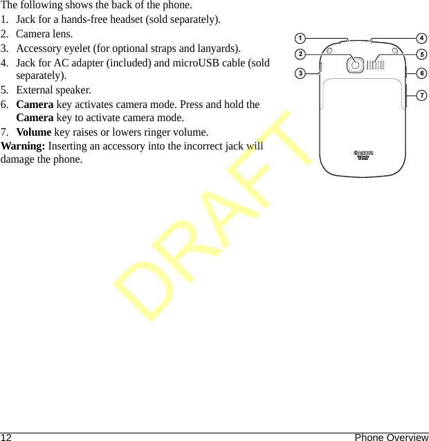 12 Phone OverviewThe following shows the back of the phone.1. Jack for a hands-free headset (sold separately).2. Camera lens.3. Accessory eyelet (for optional straps and lanyards).4. Jack for AC adapter (included) and microUSB cable (sold separately).5. External speaker.6.Camera key activates camera mode. Press and hold the Camera key to activate camera mode.7.Volume key raises or lowers ringer volume.Warning: Inserting an accessory into the incorrect jack will damage the phone.Qualcomm3G CDMA1234567DRAFT