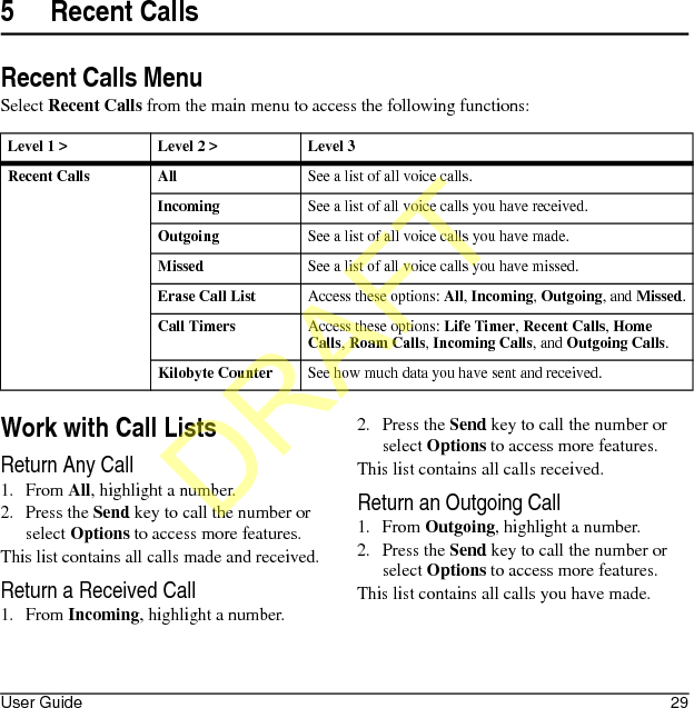 User Guide 295 Recent CallsRecent Calls MenuSelect Recent Calls from the main menu to access the following functions:Work with Call ListsReturn Any Call1. From All, highlight a number.2. Press the Send key to call the number or select Options to access more features.This list contains all calls made and received.Return a Received Call1. From Incoming, highlight a number.2. Press the Send key to call the number or select Options to access more features.This list contains all calls received.Return an Outgoing Call1. From Outgoing, highlight a number.2. Press the Send key to call the number or select Options to access more features.This list contains all calls you have made.Level 1 &gt; Level 2 &gt;  Level 3Recent Calls AllSee a list of all voice calls.IncomingSee a list of all voice calls you have received.OutgoingSee a list of all voice calls you have made.MissedSee a list of all voice calls you have missed.Erase Call ListAccess these options: All, Incoming, Outgoing, and Missed.Call TimersAccess these options: Life Timer, Recent Calls, Home Calls, Roam Calls, Incoming Calls, and Outgoing Calls.Kilobyte CounterSee how much data you have sent and received.DRAFT