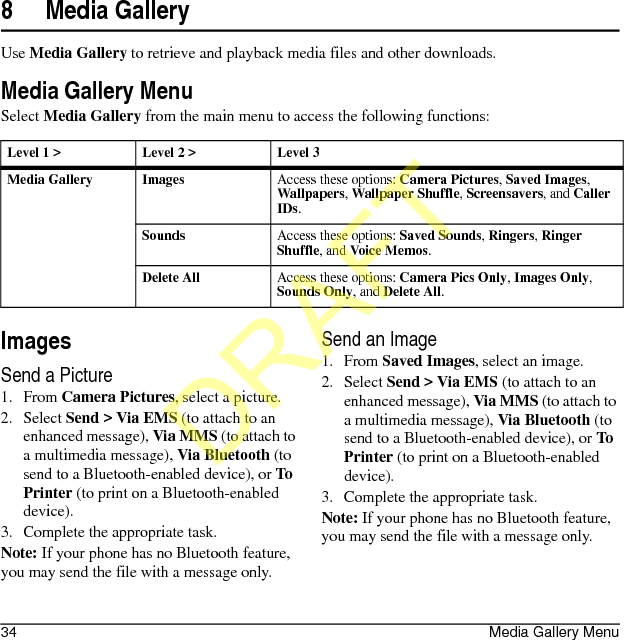 34 Media Gallery Menu8 Media GalleryUse Media Gallery to retrieve and playback media files and other downloads.Media Gallery MenuSelect Media Gallery from the main menu to access the following functions:ImagesSend a Picture1. From Camera Pictures, select a picture.2. Select Send &gt; Via EMS (to attach to an enhanced message), Via MMS (to attach to a multimedia message), Via Bluetooth (to send to a Bluetooth-enabled device), or To Printer (to print on a Bluetooth-enabled device).3. Complete the appropriate task.Note: If your phone has no Bluetooth feature, you may send the file with a message only.Send an Image1. From Saved Images, select an image.2. Select Send &gt; Via EMS (to attach to an enhanced message), Via MMS (to attach to a multimedia message), Via Bluetooth (to send to a Bluetooth-enabled device), or To Printer (to print on a Bluetooth-enabled device).3. Complete the appropriate task.Note: If your phone has no Bluetooth feature, you may send the file with a message only.Level 1 &gt; Level 2 &gt;  Level 3Media Gallery ImagesAccess these options: Camera Pictures, Saved Images, Wallpapers, Wallpaper Shuffle, Screensavers, and Caller IDs.SoundsAccess these options: Saved Sounds, Ringers, Ringer Shuffle, and Voice Memos.Delete AllAccess these options: Camera Pics Only, Images Only, Sounds Only, and Delete All.DRAFT