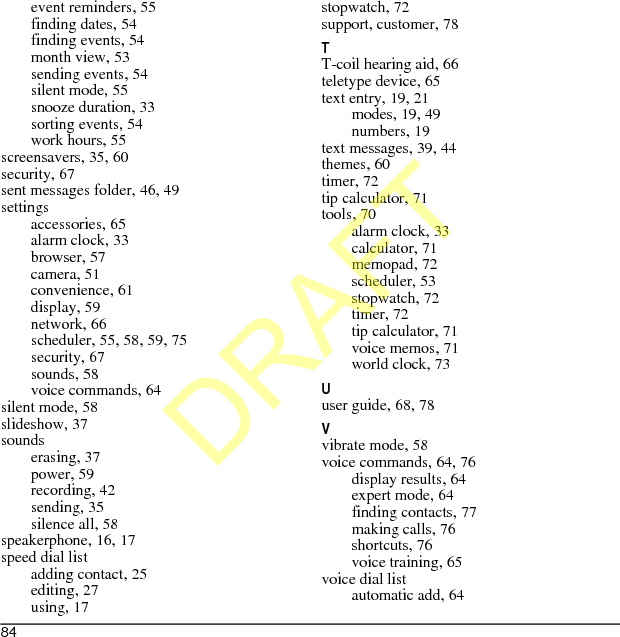 84event reminders, 55finding dates, 54finding events, 54month view, 53sending events, 54silent mode, 55snooze duration, 33sorting events, 54work hours, 55screensavers, 35, 60security, 67sent messages folder, 46, 49settingsaccessories, 65alarm clock, 33browser, 57camera, 51convenience, 61display, 59network, 66scheduler, 55, 58, 59, 75security, 67sounds, 58voice commands, 64silent mode, 58slideshow, 37soundserasing, 37power, 59recording, 42sending, 35silence all, 58speakerphone, 16, 17speed dial listadding contact, 25editing, 27using, 17stopwatch, 72support, customer, 78TT-coil hearing aid, 66teletype device, 65text entry, 19, 21modes, 19, 49numbers, 19text messages, 39, 44themes, 60timer, 72tip calculator, 71tools, 70alarm clock, 33calculator, 71memopad, 72scheduler, 53stopwatch, 72timer, 72tip calculator, 71voice memos, 71world clock, 73Uuser guide, 68, 78Vvibrate mode, 58voice commands, 64, 76display results, 64expert mode, 64finding contacts, 77making calls, 76shortcuts, 76voice training, 65voice dial listautomatic add, 64DRAFT
