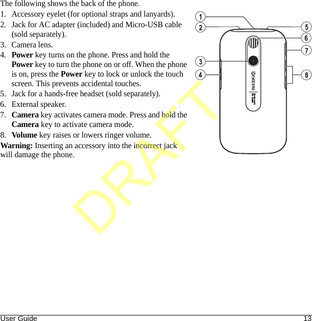 User Guide 13The following shows the back of the phone.1. Accessory eyelet (for optional straps and lanyards).2. Jack for AC adapter (included) and Micro-USB cable (sold separately).3. Camera lens.4.Power key turns on the phone. Press and hold the Power key to turn the phone on or off. When the phone is on, press the Power key to lock or unlock the touch screen. This prevents accidental touches.5. Jack for a hands-free headset (sold separately).6. External speaker.7.Camera key activates camera mode. Press and hold the Camera key to activate camera mode.8.Volume key raises or lowers ringer volume.Warning: Inserting an accessory into the incorrect jack will damage the phone.Qualcomm3G CDMADRAFT