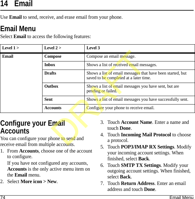 74 Email Menu14 EmailUse Email to send, receive, and erase email from your phone.Email MenuSelect Email to access the following features:Configure your Email AccountsYou can configure your phone to send and receive email from multiple accounts.1. From Accounts, choose one of the account to configure.If you have not configured any accounts, Accounts is the only active menu item on the Email menu. 2. Select More icon &gt; New.3. Touch Account Name. Enter a name and touch Done.4. Touch Incoming Mail Protocol to choose a protocol.5. Touch POP3/IMAP RX Settings. Modify your incoming account settings. When finished, select Back.6. Touch SMTP TX Settings. Modify your outgoing account settings. When finished, select Back.7. Touch Return Address. Enter an email address and touch Done.Level 1 &gt; Level 2 &gt;  Level 3Email ComposeCompose an email message.InboxShows a list of received email messages.DraftsShows a list of email messages that have been started, but saved to be completed at a later time.OutboxShows a list of email messages you have sent, but are pending or failed.SentShows a list of email messages you have successfully sent.AccountsConfigure your phone to receive email.DRAFT