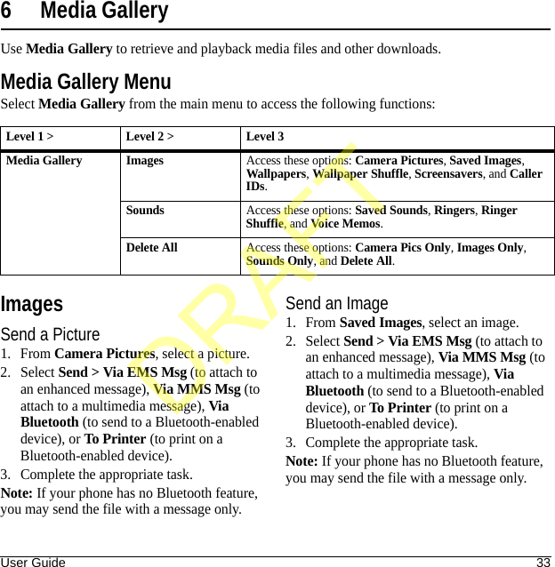 User Guide 336 Media GalleryUse Media Gallery to retrieve and playback media files and other downloads.Media Gallery MenuSelect Media Gallery from the main menu to access the following functions:ImagesSend a Picture1. From Camera Pictures, select a picture.2. Select Send &gt; Via EMS Msg (to attach to an enhanced message), Via MMS Msg (to attach to a multimedia message), Via Bluetooth (to send to a Bluetooth-enabled device), or To Printer (to print on a Bluetooth-enabled device).3. Complete the appropriate task.Note: If your phone has no Bluetooth feature, you may send the file with a message only.Send an Image1. From Saved Images, select an image.2. Select Send &gt; Via EMS Msg (to attach to an enhanced message), Via MMS Msg (to attach to a multimedia message), Via Bluetooth (to send to a Bluetooth-enabled device), or To Printer (to print on a Bluetooth-enabled device).3. Complete the appropriate task.Note: If your phone has no Bluetooth feature, you may send the file with a message only.Level 1 &gt; Level 2 &gt;  Level 3Media Gallery ImagesAccess these options: Camera Pictures, Saved Images, Wallpapers, Wallpaper Shuffle, Screensavers, and Caller IDs.SoundsAccess these options: Saved Sounds, Ringers, Ringer Shuffle, and Voice Memos.Delete AllAccess these options: Camera Pics Only, Images Only, Sounds Only, and Delete All.DRAFT