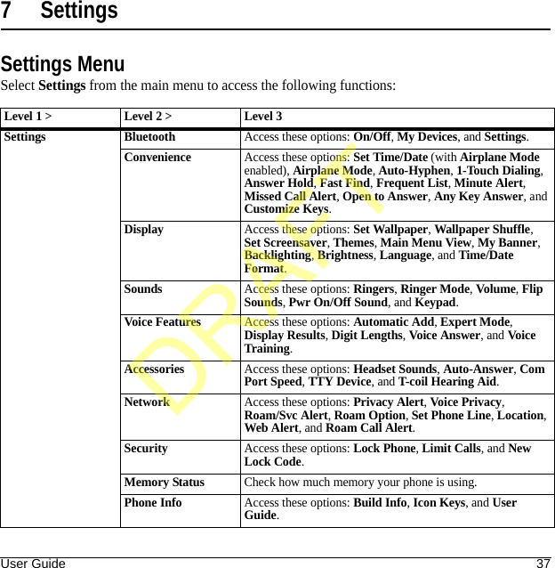 User Guide 377 SettingsSettings MenuSelect Settings from the main menu to access the following functions:Level 1 &gt; Level 2 &gt;  Level 3Settings BluetoothAccess these options: On/Off, My Devices, and Settings.ConvenienceAccess these options: Set Time/Date (with Airplane Mode enabled), Airplane Mode, Auto-Hyphen, 1-Touch Dialing, Answer Hold, Fast Find, Frequent List, Minute Alert, Missed Call Alert, Open to Answer, Any Key Answer, and Customize Keys.DisplayAccess these options: Set Wallpaper, Wallpaper Shuffle, Set Screensaver, Themes, Main Menu View, My Banner, Backlighting, Brightness, Language, and Time/Date Format.SoundsAccess these options: Ringers, Ringer Mode, Volume, Flip Sounds, Pwr On/Off Sound, and Keypad.Voice FeaturesAccess these options: Automatic Add, Expert Mode, Display Results, Digit Lengths, Voice Answer, and Voice Training.AccessoriesAccess these options: Headset Sounds, Auto-Answer, Com Port Speed, TTY Device, and T-coil Hearing Aid.NetworkAccess these options: Privacy Alert, Voice Privacy, Roam/Svc Alert, Roam Option, Set Phone Line, Location, Web Alert, and Roam Call Alert.SecurityAccess these options: Lock Phone, Limit Calls, and New Lock Code.Memory StatusCheck how much memory your phone is using.Phone InfoAccess these options: Build Info, Icon Keys, and User Guide.DRAFT