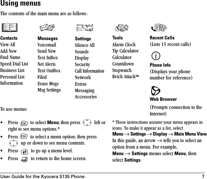 User Guide for the Kyocera 5135 Phone 7Using menusqÜÉ=ÅçåíÉåíë=çÑ=íÜÉ=ã~áå=ãÉåì=~êÉ=~ë=ÑçääçïëWContactssáÉï=^ää^ÇÇ=kÉïcáåÇ=k~ãÉpéÉÉÇ=aá~ä=iáëí_ìëáåÉëë=iáëímÉêëçå~ä=iáëífåÑçêã~íáçåqç=ìëÉ=ãÉåìëWMessagessçáÅÉã~áäpÉåÇ=kÉï=qÉñí=få_çñkÉí=^äÉêíëqÉñí=lìí_çñcáäÉÇbê~ëÉ=jëÖëjëÖ=pÉííáåÖëSettingspáäÉåÅÉ=^ääpçìåÇëaáëéä~ópÉÅìêáíó`~ää=fåÑçêã~íáçåkÉíïçêâbñíê~ëjÉëë~ÖáåÖ^ÅÅÉëëçêáÉëTools^ä~êã=`äçÅâqáé=`~äÅìä~íçê`~äÅìä~íçê`çìåíÇçïåpíçéï~íÅÜ_êáÅâ=^íí~ÅâqjRecent CallsEiáëíë=NR=êÉÅÉåí=Å~ääëFPhone InfoEaáëéä~óë=óçìê=éÜçåÉ=åìãÄÉê=Ñçê=êÉÑÉêÉåÅÉFWeb BrowserEmêçãéíë=ÅçååÉÅíáçå=íç=íÜÉ=fåíÉêåÉíF√ mêÉëë= =íç=ëÉäÉÅí=Menu;=íÜÉå=éêÉëë= =äÉÑí=çê=êáÖÜí=íç=ëÉÉ=ãÉåì=çéíáçåëKG√ mêÉëë= íç=ëÉäÉÅí=~=ãÉåì=çéíáçåX=íÜÉå=éêÉëë==ìé=çê=Ççïå=íç=ëÉÉ=ãÉåì=ÅçåíÉåíëK√ mêÉëë= íç=Öç=ìé=~=ãÉåì=äÉîÉäK√ mêÉëë= =íç=êÉíìêå=íç=íÜÉ=ÜçãÉ=ëÅêÉÉåKG=qÜÉëÉ=áåëíêìÅíáçåë=~ëëìãÉ=óçìê=ãÉåì=~ééÉ~êë=áå=áÅçåëK=qç=ã~âÉ=áí=~ééÉ~ê=~ë=~=äáëíI=ëÉäÉÅí=Menu=→=Settings=→=Display=→=Main Menu ViewK=få=íÜáë=ÖìáÇÉI=~å=~êêçï=→=íÉääë=óçì=íç=ëÉäÉÅí=~å=çéíáçå=Ñêçã=~=ãÉåìK=cçê=Éñ~ãéäÉI=Menu=→=Settings=ãÉ~åë=ëÉäÉÅí=MenuI=íÜÉå=ëÉäÉÅí=SettingsK