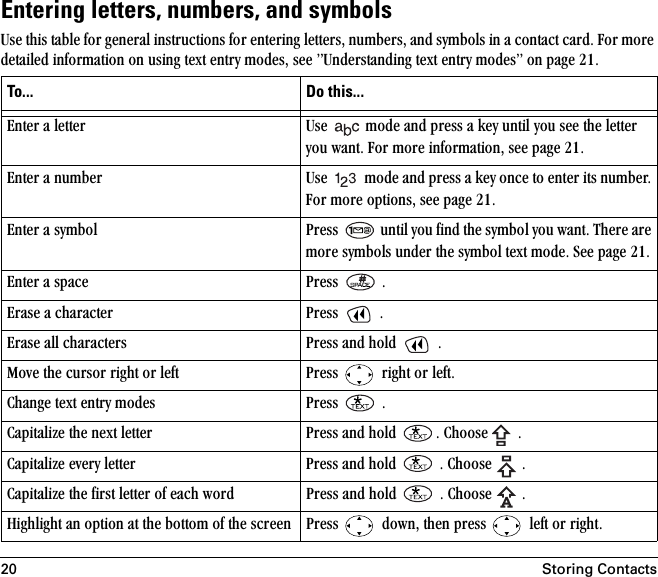 20 Storing ContactsEntering letters, numbers, and symbolsrëÉ=íÜáë=í~ÄäÉ=Ñçê=ÖÉåÉê~ä=áåëíêìÅíáçåë=Ñçê=ÉåíÉêáåÖ=äÉííÉêëI=åìãÄÉêëI=~åÇ=ëóãÄçäë=áå=~=Åçåí~Åí=Å~êÇK=cçê=ãçêÉ=ÇÉí~áäÉÇ=áåÑçêã~íáçå=çå=ìëáåÖ=íÉñí=Éåíêó=ãçÇÉëI=ëÉÉ=ÒråÇÉêëí~åÇáåÖ=íÉñí=Éåíêó=ãçÇÉëÒ=çå=é~ÖÉ ONKTo... Do this...båíÉê=~=äÉííÉê rëÉ= =ãçÇÉ=~åÇ=éêÉëë=~=âÉó=ìåíáä=óçì=ëÉÉ=íÜÉ=äÉííÉê=óçì=ï~åíK=cçê=ãçêÉ=áåÑçêã~íáçåI=ëÉÉ=é~ÖÉ ONKbåíÉê=~=åìãÄÉê rëÉ= =ãçÇÉ=~åÇ=éêÉëë=~=âÉó=çåÅÉ=íç=ÉåíÉê=áíë=åìãÄÉêK=cçê=ãçêÉ=çéíáçåëI=ëÉÉ=é~ÖÉ ONKbåíÉê=~=ëóãÄçä mêÉëë= =ìåíáä=óçì=ÑáåÇ=íÜÉ=ëóãÄçä=óçì=ï~åíK=qÜÉêÉ=~êÉ=ãçêÉ=ëóãÄçäë=ìåÇÉê=íÜÉ=ëóãÄçä=íÉñí=ãçÇÉK=pÉÉ=é~ÖÉ ONKbåíÉê=~=ëé~ÅÉ mêÉëë= =Kbê~ëÉ=~=ÅÜ~ê~ÅíÉê mêÉëë= =Kbê~ëÉ=~ää=ÅÜ~ê~ÅíÉêë mêÉëë=~åÇ=ÜçäÇ= =KjçîÉ=íÜÉ=Åìêëçê=êáÖÜí=çê=äÉÑí mêÉëë= =êáÖÜí=çê=äÉÑíK`Ü~åÖÉ=íÉñí=Éåíêó=ãçÇÉë mêÉëë= =K`~éáí~äáòÉ=íÜÉ=åÉñí=äÉííÉê mêÉëë=~åÇ=ÜçäÇ= K=`ÜççëÉ= =K`~éáí~äáòÉ=ÉîÉêó=äÉííÉê mêÉëë=~åÇ=ÜçäÇ= =K=`ÜççëÉ= =K`~éáí~äáòÉ=íÜÉ=Ñáêëí=äÉííÉê=çÑ=É~ÅÜ=ïçêÇ mêÉëë=~åÇ=ÜçäÇ= =K=`ÜççëÉ= =KeáÖÜäáÖÜí=~å=çéíáçå=~í=íÜÉ=Äçííçã=çÑ=íÜÉ=ëÅêÉÉå mêÉëë= =ÇçïåI=íÜÉå=éêÉëë= =äÉÑí=çê=êáÖÜíK