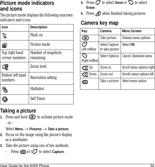 User Guide for the K325 Phone 52Picture mode indicators and iconsThe picture mode displays the following onscreen indicators and icons:Taking a picture1. Press and hold   to activate picture mode- or -Select Menu → Pictures → Take a picture.2. Focus on the image using the phone’s display as a viewfinder. 3. Take the picture using one of two methods:– Press   or t  to select Capture.4. Press   to select Send or   to select Erase.5. Press   when finished taking pictures.Camera key mapIcon DescriptionFlash onPicture modeTop right hand corner numbers Number of snapshots remainingZoom levelBottom left hand numbers Resolution settingMultishotSelf Timer Key Camera Menu Screen Take picture Dismiss menu optionsLeft softkey Select Capture to take picture Select OK Right softkey Select Options Cancel, dismisses menu Up Zoom in Scroll menu options right Down Zoom out Scrolls menu options leftTake a picture Select menu option