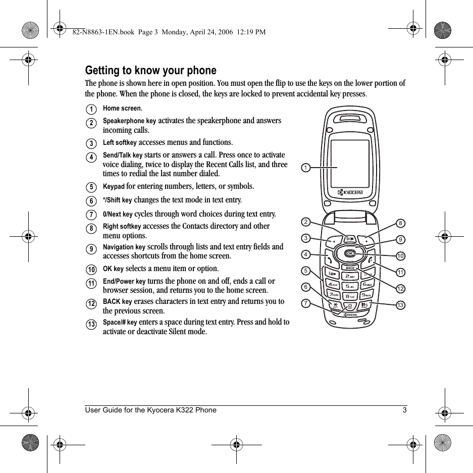 User Guide for the Kyocera K322 Phone 3Getting to know your phoneThe phone is shown here in open position. You must open the flip to use the keys on the lower portion of the phone. When the phone is closed, the keys are locked to prevent accidental key presses.Home screen. Speakerphone key activates the speakerphone and answers incoming calls.Left softkey accesses menus and functions.Send/Talk key starts or answers a call. Press once to activate voice dialing, twice to display the Recent Calls list, and three times to redial the last number dialed.Keypad for entering numbers, letters, or symbols.*/Shift key changes the text mode in text entry.0/Next key cycles through word choices during text entry. Right softkey accesses the Contacts directory and other menu options.Navigation key scrolls through lists and text entry fields and accesses shortcuts from the home screen.OK key selects a menu item or option.End/Power key turns the phone on and off, ends a call or browser session, and returns you to the home screen.BACK key erases characters in text entry and returns you to the previous screen.Space/# key enters a space during text entry. Press and hold to activate or deactivate Silent mode.1234567891011121382-N8863-1EN.book  Page 3  Monday, April 24, 2006  12:19 PM