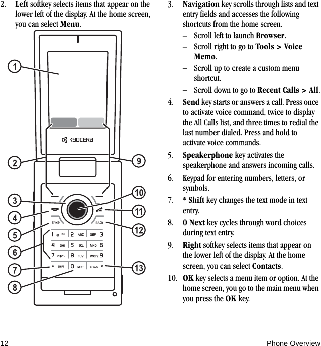 12 Phone Overview2. Left softkey selects items that appear on the lower left of the display. At the home screen, you can select Menu.3. Navigation key scrolls through lists and text entry fields and accesses the following shortcuts from the home screen.– Scroll left to launch Browser.– Scroll right to go to Tools &gt; Voice Memo.– Scroll up to create a custom menu shortcut.– Scroll down to go to Recent Calls &gt; All.4. Send key starts or answers a call. Press once to activate voice command, twice to display the All Calls list, and three times to redial the last number dialed. Press and hold to activate voice commands.5. Speakerphone key activates the speakerphone and answers incoming calls.6. Keypad for entering numbers, letters, or symbols.7. * Shift key changes the text mode in text entry.8. 0 Next key cycles through word choices during text entry.9. Right softkey selects items that appear on the lower left of the display. At the home screen, you can select Contacts.10. OK key selects a menu item or option. At the home screen, you go to the main menu when you press the OK key. 