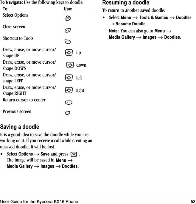 User Guide for the Kyocera KX16 Phone 53To Navigate: Use the following keys to doodle.Saving a doodleIt is a good idea to save the doodle while you are working on it. If you receive a call while creating an unsaved doodle, it will be lost.•Select Options → Save and press  . The image will be saved in Menu → Media Gallery → Images → Doodles.Resuming a doodleTo return to another saved doodle:•Select Menu → Tools &amp; Games → Doodler → Resume Doodle.Note:  You can also go to Menu → Media Gallery → Images → Doodles.To: Use:Select OptionsClear screenShortcut to ToolsDraw, erase, or move cursor/shape UP  upDraw, erase, or move cursor/shape DOWN  downDraw, erase, or move cursor/shape LEFT  leftDraw, erase, or move cursor/shape RIGHT  rightReturn cursor to centerPrevious screen