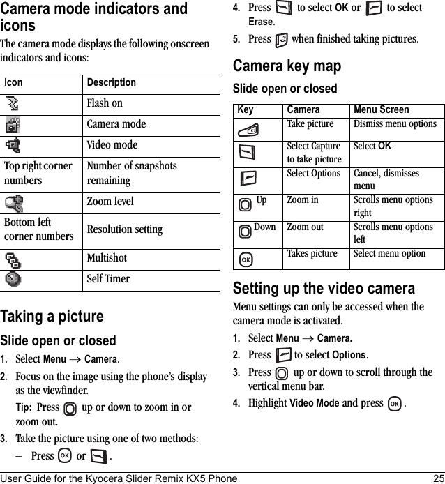 User Guide for the Kyocera Slider Remix KX5 Phone 25Camera mode indicators and iconsThe camera mode displays the following onscreen indicators and icons:Taking a pictureSlide open or closed1. Select Menu → Camera.2. Focus on the image using the phone’s display as the viewfinder.Tip:  Press   up or down to zoom in or zoom out.3. Take the picture using one of two methods:– Press  or  .4. Press  to select OK or   to select Erase.5. Press   when finished taking pictures.Camera key mapSlide open or closedSetting up the video cameraMenu settings can only be accessed when the camera mode is activated.1. Select Menu → Camera.2. Press  to select Options.3. Press   up or down to scroll through the vertical menu bar. 4. Highlight Video Mode and press  .Icon DescriptionFlash onCamera modeVideo modeTop right corner numbersNumber of snapshots remainingZoom levelBottom left corner numbers Resolution settingMultishotSelf Timer Key Camera Menu Screen Take picture Dismiss menu optionsSelect Capture to take pictureSelect OKSelect Options Cancel, dismisses menu Up Zoom in Scrolls menu options rightDown Zoom out Scrolls menu options leftTakes picture Select menu option