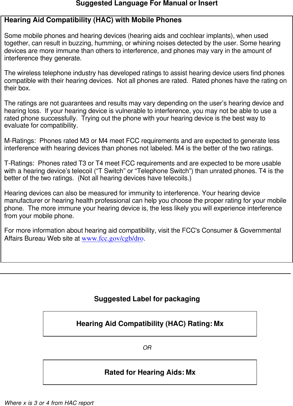 Suggested Language For Manual or InsertHearing Aid Compatibility (HAC) with Mobile PhonesSome mobile phones and hearing devices (hearing aids and cochlear implants), when usedtogether, can result in buzzing, humming, or whining noises detected by the user. Some hearingdevices are more immune than others to interference, and phones may vary in the amount ofinterference they generate.The wireless telephone industry has developed ratings to assist hearing device users find phonescompatible with their hearing devices.  Not all phones are rated.  Rated phones have the rating ontheir box.The ratings are not guarantees and results may vary depending on the user’s hearing device andhearing loss.  If your hearing device is vulnerable to interference, you may not be able to use arated phone successfully.  Trying out the phone with your hearing device is the best way toevaluate for compatibility.M-Ratings:  Phones rated M3 or M4 meet FCC requirements and are expected to generate lessinterference with hearing devices than phones not labeled. M4 is the better of the two ratings.T-Ratings:  Phones rated T3 or T4 meet FCC requirements and are expected to be more usablewith a hearing device’s telecoil (“T Switch” or “Telephone Switch”) than unrated phones. T4 is thebetter of the two ratings.  (Not all hearing devices have telecoils.)Hearing devices can also be measured for immunity to interference. Your hearing devicemanufacturer or hearing health professional can help you choose the proper rating for your mobilephone.  The more immune your hearing device is, the less likely you will experience interferencefrom your mobile phone.For more information about hearing aid compatibility, visit the FCC&apos;s Consumer &amp; GovernmentalAffairs Bureau Web site at www.fcc.gov/cgb/dro.Suggested Label for packagingHearing Aid Compatibility (HAC) Rating: MxORRated for Hearing Aids: MxWhere x is 3 or 4 from HAC report