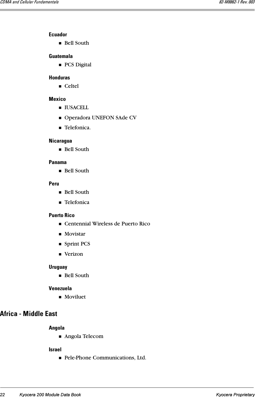 22 Kyocera 200 Module Data Book Kyocera Proprietary`aj^=~åÇ=`Éääìä~ê=cìåÇ~ãÉåí~äë UOJjUUSOJN=oÉîK=MMPbÅì~ÇçêBell Southdì~íÉã~ä~PCS DigitaleçåÇìê~ëCelteljÉñáÅçIUSACELLOperadora UNEFON SAde CVTelefonica.káÅ~ê~Öì~Bell Southm~å~ã~Bell SouthmÉêìBell SouthTelefonicamìÉêíç=oáÅçCentennial Wireless de Puerto RicoMovistarSprint PCSVerizonrêìÖì~óBell SouthsÉåÉòìÉä~Moviluet^ÑêáÅ~=J=jáÇÇäÉ=b~ëí^åÖçä~Angola Telecomfëê~ÉäPele-Phone Communications, Ltd.