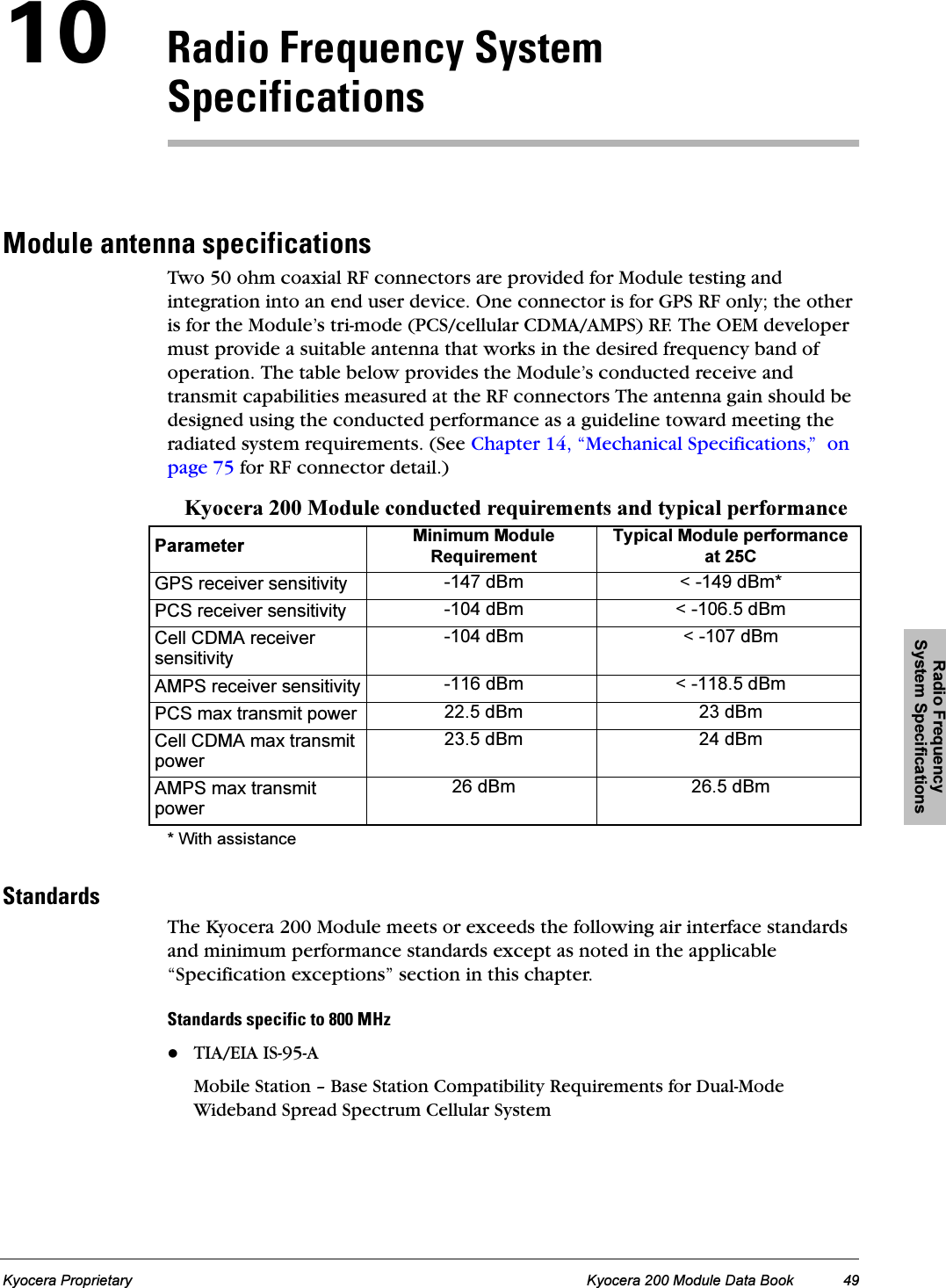 Radio Frequency System SpecificationsKyocera Proprietary Kyocera 200 Module Data Book 49NMo~Çáç=cêÉèìÉåÅó=póëíÉã=péÉÅáÑáÅ~íáçåëjçÇìäÉ=~åíÉåå~=ëéÉÅáÑáÅ~íáçåëTwo 50 ohm coaxial RF connectors are provided for Module testing and integration into an end user device. One connector is for GPS RF only; the other is for the Module’s tri-mode (PCS/cellular CDMA/AMPS) RF. The OEM developer must provide a suitable antenna that works in the desired frequency band of operation. The table below provides the Module’s conducted receive and transmit capabilities measured at the RF connectors The antenna gain should be designed using the conducted performance as a guideline toward meeting the radiated system requirements. (See Chapter 14, “Mechanical Specifications,”  on page 75 for RF connector detail.) Kyocera 200 Module conducted requirements and typical performance* With assistancepí~åÇ~êÇëThe Kyocera 200 Module meets or exceeds the following air interface standards and minimum performance standards except as noted in the applicable “Specification exceptions” section in this chapter.pí~åÇ~êÇë=ëéÉÅáÑáÅ=íç=UMM=jeòTIA/EIA IS-95-AMobile Station – Base Station Compatibility Requirements for Dual-Mode Wideband Spread Spectrum Cellular SystemParameter Minimum Module RequirementTypical Module performanceat 25CGPS receiver sensitivity -147 dBm &lt; -149 dBm*PCS receiver sensitivity -104 dBm &lt; -106.5 dBmCell CDMA receiver sensitivity-104 dBm &lt; -107 dBmAMPS receiver sensitivity -116 dBm &lt; -118.5 dBmPCS max transmit power 22.5 dBm 23 dBmCell CDMA max transmit power23.5 dBm 24 dBmAMPS max transmit power26 dBm 26.5 dBm