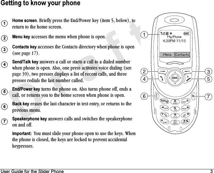 User Guide for the Slider Phone 3Getting to know your phoneHome screenK=_êáÉÑäó=éêÉëë=íÜÉ=båÇLmçïÉê=âÉó=EáíÉã=RI=ÄÉäçïFI=íç=êÉíìêå=íç=íÜÉ=ÜçãÉ=ëÅêÉÉåKMenu key=~ÅÅÉëëÉë=íÜÉ=ãÉåì=ïÜÉå=éÜçåÉ=áë=çéÉåKContacts key=~ÅÅÉëëÉë=íÜÉ=`çåí~Åíë=ÇáêÉÅíçêó=ïÜÉå=éÜçåÉ=áë=çéÉå=EëÉÉ é~ÖÉ NTFKSend/Talk key=~åëïÉêë=~=Å~ää=çê=ëí~êíë=~=Å~ää=íç=~=Çá~äÉÇ=åìãÄÉê=ïÜÉå=éÜçåÉ=áë=çéÉåK=^äëçI=çåÉ=éêÉëë=~Åíáî~íÉë=îçáÅÉ=Çá~äáåÖ=EëÉÉ=é~ÖÉ PVFI=íïç=éêÉëëÉë=Çáëéä~óë=~=äáëí=çÑ=êÉÅÉåí=Å~ääëI=~åÇ=íÜêÉÉ=éêÉëëÉë=êÉÇá~äë=íÜÉ=ä~ëí=åìãÄÉê=Å~ääÉÇKEnd/Power key=íìêåë=íÜÉ=éÜçåÉ=çåK=^äëç=íìêåë=éÜçåÉ=çÑÑI=ÉåÇë=~=Å~ääI=çê=êÉíìêåë=óçì=íç=íÜÉ=ÜçãÉ=ëÅêÉÉå=ïÜÉå=éÜçåÉ=áë=çéÉåKBack key=Éê~ëÉë=íÜÉ=ä~ëí=ÅÜ~ê~ÅíÉê=áå=íÉñí=ÉåíêóI=çê=êÉíìêåë=íç=íÜÉ=éêÉîáçìë=ãÉåìKSpeakerphone key=~åëïÉêë=Å~ääë=~åÇ=ëïáíÅÜÉë=íÜÉ=ëéÉ~âÉêéÜçåÉ=çå=~åÇ=çÑÑKImportant:  vçì=ãìëí=ëäáÇÉ=óçìê=éÜçåÉ=çéÉå=íç=ìëÉ=íÜÉ=âÉóëK=tÜÉå=íÜÉ=éÜçåÉ=áë=ÅäçëÉÇI=íÜÉ=âÉóë=~êÉ=äçÅâÉÇ=íç=éêÉîÉåí=~ÅÅáÇÉåí~ä=âÉóéêÉëëÉëK=1234567