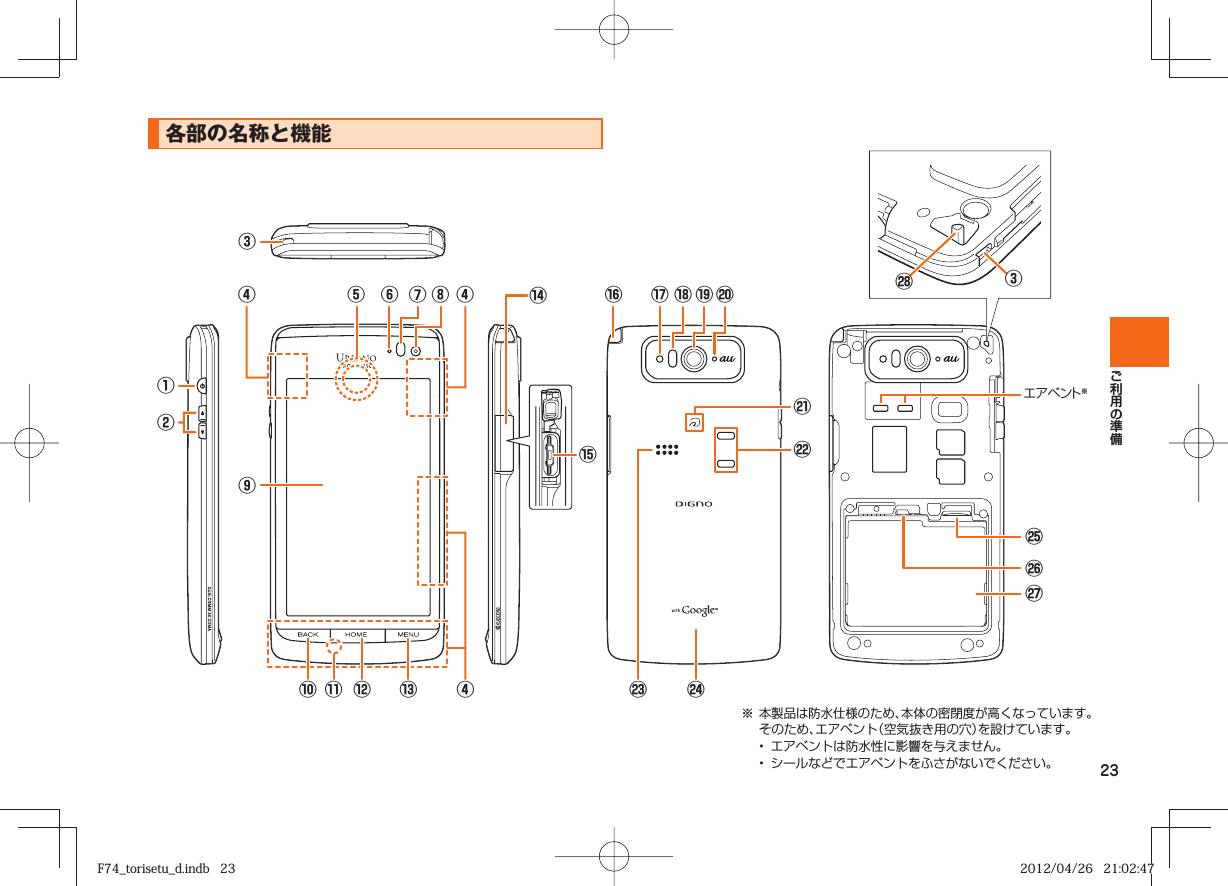 23  各部の名称と機能①②③⑨⑧⑩⑦④④④⑤⑬⑭⑫⑪⑮⑯⑰⑱⑲⑳󰚜󰚧󰚩󰚨󰚫󰚬󰚪󰚭⑥エアベント※③※  本製品は防水仕様のため、本体の密閉度が高くなっています。そのため、エアベント（空気抜き用の穴）を設けています。•  エアベントは防水性に影響を与えません。•  シールなどでエアベントをふさがないでください。F74_torisetu_d.indb   23F74_torisetu_d.indb   23 2012/04/26   21:02:472012/04/26   21:02:47