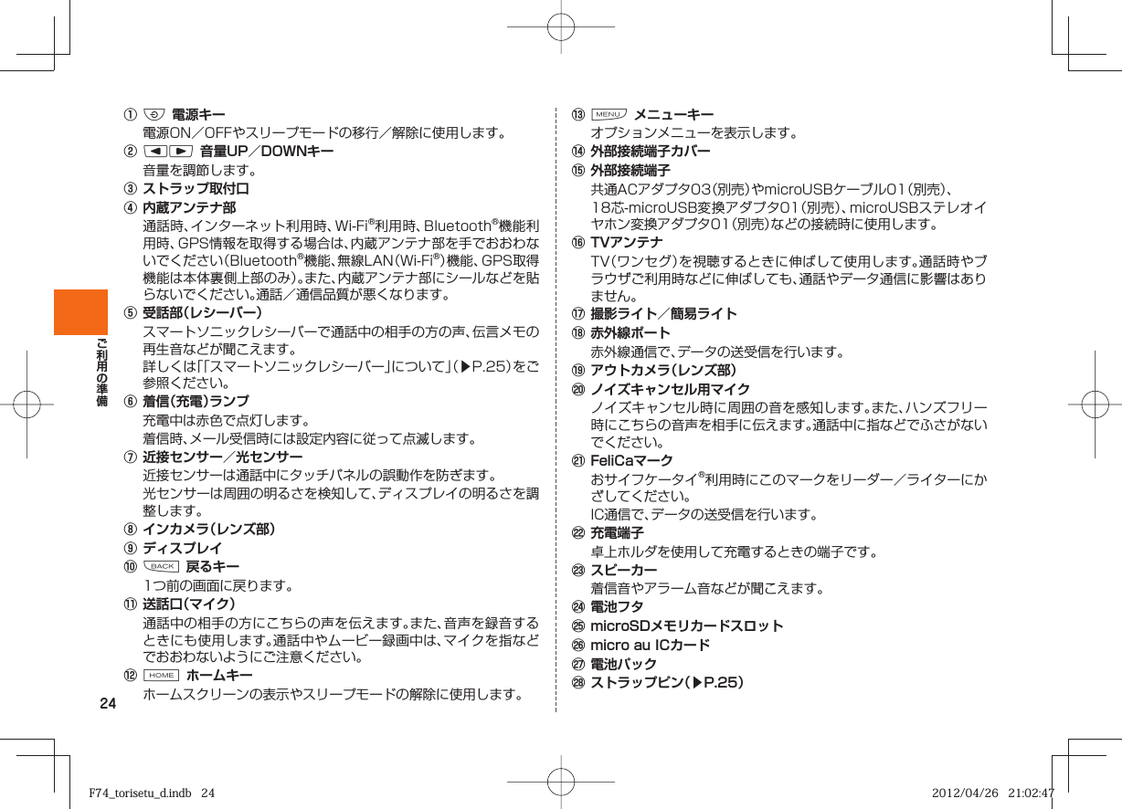 24① F  電源キー  電源ON／OFFやスリープモードの移行／解除に使用します。② lr  音量UP／DOWNキー  音量を調節します。③  ストラップ取付口 ④  内蔵アンテナ部  通話時、インターネット利用時、Wi-Fi®利用時、Bluetooth®機能利用時、GPS情報を取得する場合は、内蔵アンテナ部を手でおおわないでください（Bluetooth®機能、無線LAN（Wi-Fi®）機能、GPS取得機能は本体裏側上部のみ）。また、内蔵アンテナ部にシールなどを貼らないでください。通話／通信品質が悪くなります。 ⑤  受話部（レシーバー）  スマートソニックレシーバーで通話中の相手の方の声、伝言メモの再生音などが聞こえます。  詳しくは「「スマートソニックレシーバー」について」（▶P. 25）をご参照ください。⑥  着信（充電）ランプ  充電中は赤色で点灯します。  着信時、メール受信時には設定内容に従って点滅します。 ⑦  近接センサー／ 光センサー  近接センサーは通話中にタッチパネルの誤動作を防ぎます。  光センサーは周囲の明るさを検知して、ディスプレイの明るさを調整します。⑧  インカメラ（ レンズ部）⑨  ディスプレイ⑩ C  戻るキー  1つ前の画面に戻ります。⑪  送話口（ マイク）  通話中の相手の方にこちらの声を伝えます。また、音声を録音するときにも使用します。通話中やムービー録画中は、マイクを指などでおおわないようにご注意ください。⑫ H  ホームキー  ホームスクリーンの表示やスリープモードの解除に使用します。⑬ M  メニューキー  オプションメニューを表示します。⑭  外部接続端子カバー⑮  外部接続端子  共通ACアダプタ03（別売）やmicroUSBケーブル01（別売）、  18芯-microUSB変換アダプタ01（別売）、microUSBステレオイヤホン変換アダプタ01（別売）などの接続時に使用します。⑯  TVアンテナ TV（ワンセグ）を視聴するときに伸ばして使用します。通話時やブラウザご利用時などに伸ばしても、通話やデータ通信に影響はありません。⑰  撮影ライト／ 簡易ライト⑱  赤外線ポート  赤外線通信で、データの送受信を行います。⑲  アウトカメラ（ レンズ部）⑳ ノイズキャンセル用マイク  ノイズキャンセル時に周囲の音を感知します。また、ハンズフリー時にこちらの音声を相手に伝えます。通話中に指などでふさがないでください。󰚜  FeliCaマーク  おサイフケータイ®利用時にこのマークをリーダー／ライターにかざしてください。  IC通信で、データの送受信を行います。󰚧 充電端子  卓上ホルダを使用して充電するときの端子です。󰚨  スピーカー  着信音やアラーム音などが聞こえます。󰚩  電池フタ󰚪  microSDメモリカードスロット󰚫 micro au ICカード󰚬  電池パック󰚭 ストラップピン（▶P. 25）F74_torisetu_d.indb   24F74_torisetu_d.indb   24 2012/04/26   21:02:472012/04/26   21:02:47