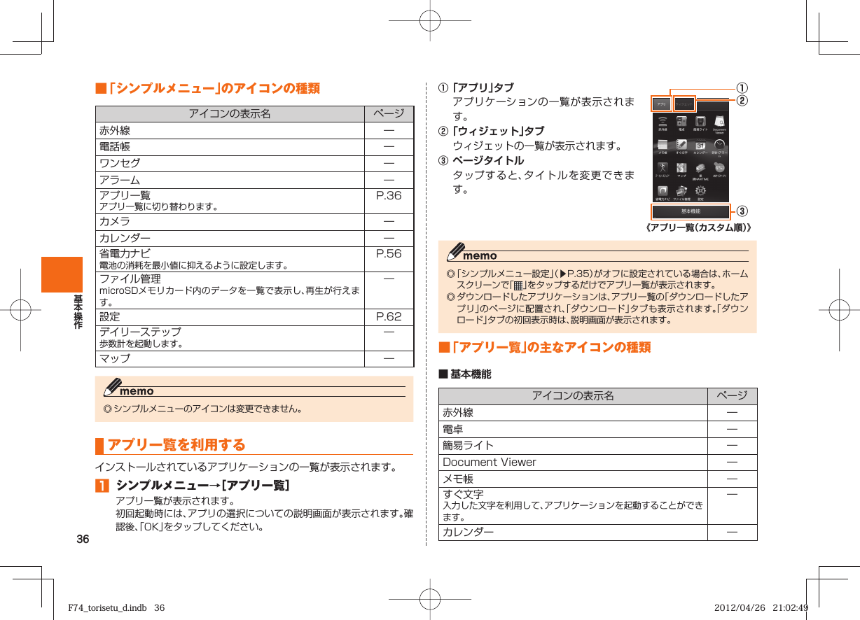 36■ 「シンプルメニュー」のアイコンの種類アイコンの表示名 ページ赤外線 ―電話帳 ―ワンセグ ―アラーム ―アプリ一覧アプリ一覧に切り替わります。P. 36カメラ ―カレンダー ―省電力ナビ電池の消耗を最小値に抑えるように設定します。P. 56ファイル管理microSDメモリカード内のデータを一覧で表示し、再生が行えます。―設定 P. 62デイリーステップ歩数計を起動します。―マップ ―◎ シンプルメニューのアイコンは変更できません。  アプリ一覧を利用するインストールされているアプリケーションの一覧が表示されます。󱈠  シンプルメニュー→［アプリ一覧］アプリ一覧が表示されます。初回起動時には、アプリの選択についての説明画面が表示されます。確認後、「OK」をタップしてください。① 「アプリ」タブ  アプリケーションの一覧が表示されます。② 「ウィジェット」タブ  ウィジェットの一覧が表示されます。③ ページタイトル  タップすると、タイトルを変更できます。③①②《アプリ一覧（カスタム順）》◎ 「シンプルメニュー設定」（▶P. 35）がオフに設定されている場合は、ホームスクリーンで「   」をタップするだけでアプリ一覧が表示されます。◎ ダウンロードしたアプリケーションは、アプリ一覧の「ダウンロードしたアプリ」のページに配置され、「ダウンロード」タブも表示されます。「ダウンロード」タブの初回表示時は、説明画面が表示されます。■ 「アプリ一覧」の主なアイコンの種類■ 基本機能アイコンの表示名 ページ赤外線 ―電卓 ―簡易ライト ―Document Viewer ―メモ帳 ―すぐ文字入力した文字を利用して、アプリケーションを起動することができます。―カレンダー ―F74_torisetu_d.indb   36F74_torisetu_d.indb   36 2012/04/26   21:02:492012/04/26   21:02:49