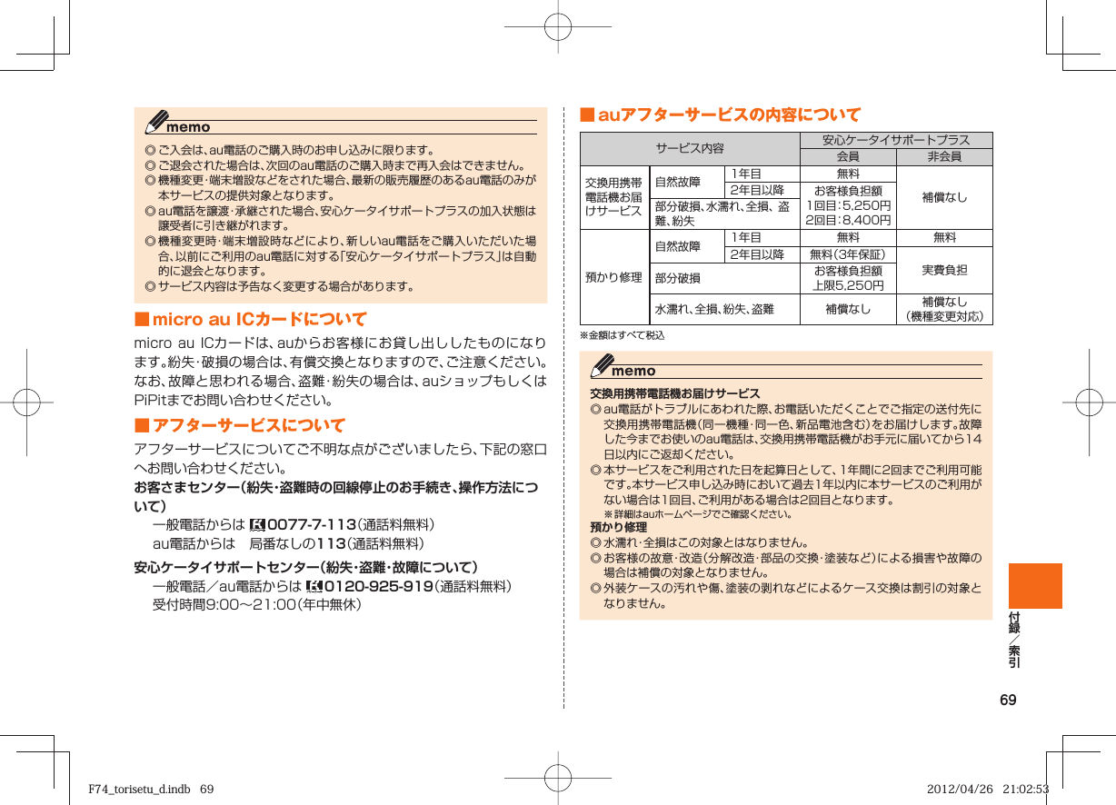 69◎ ご入会は、au電話のご購入時のお申し込みに限ります。◎ ご退会された場合は、次回のau電話のご購入時まで再入会はできません。◎ 機種変更・端末増設などをされた場合、最新の販売履歴のあるau電話のみが本サービスの提供対象となります。◎ au電話を譲渡・承継された場合、安心ケータイサポートプラスの加入状態は譲受者に引き継がれます。◎ 機種変更時・端末増設時などにより、新しいau電話をご購入いただいた場合、以前にご利用のau電話に対する「安心ケータイサポートプラス」は自動的に退会となります。◎ サービス内容は予告なく変更する場合があります。■ micro au ICカードについてmicro au ICカードは、auからお客様にお貸し出ししたものになります。紛失・破損の場合は、有償交換となりますので、ご注意ください。なお、故障と思われる場合、盗難・紛失の場合は、auショップもしくはPiPitまでお問い合わせください。■ アフターサービスについてアフターサービスについてご不明な点がございましたら、下記の窓口へお問い合わせください。お客さまセンター（紛失・盗難時の回線停止のお手続き、操作方法について）一般電話からは  0077-7-113（通話料無料）au電話からは 局番なしの113（通話料無料）安心ケータイサポートセンター（紛失・盗難・故障について）一般電話／au電話からは   0120-925-919（通話料無料）受付時間9:00∼21:00（年中無休）■ auアフターサービスの内容についてサービス内容 安心ケータイサポートプラス会員 非会員交換用携帯電話機お届けサービス自然故障 1年目 無料補償なし2年目以降 お客様負担額1回目：5,250円2回目：8,400円部分破損、水濡れ、全損、 盗難、紛失預かり修理自然故障 1年目 無料 無料2年目以降 無料（3年保証）実費負担部分破損 お客様負担額上限5,250円水濡れ、全損、紛失、盗難 補償なし 補償なし（機種変更対応）※金額はすべて税込交換用携帯電話機お届けサービス◎ au電話がトラブルにあわれた際、お電話いただくことでご指定の送付先に交換用携帯電話機（同一機種・同一色、新品電池含む）をお届けします。故障した今までお使いのau電話は、交換用携帯電話機がお手元に届いてから14日以内にご返却ください。 ◎ 本サービスをご利用された日を起算日として、1年間に2回までご利用可能です。本サービス申し込み時において過去1年以内に本サービスのご利用がない場合は1回目、ご利用がある場合は2回目となります。※ 詳細はauホームページでご確認ください。預かり修理◎ 水濡れ・全損はこの対象とはなりません。 ◎ お客様の故意・改造（分解改造・部品の交換・塗装など）による損害や故障の場合は補償の対象となりません。◎ 外装ケースの汚れや傷、塗装の剥れなどによるケース交換は割引の対象となりません。F74_torisetu_d.indb   69F74_torisetu_d.indb   69 2012/04/26   21:02:532012/04/26   21:02:53