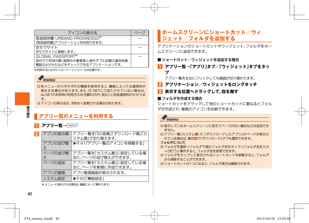 40アイコンの表示名 ページ取扱説明書 URBANO PROGRESSO※『取扱説明書』アプリケーションを利用できます。―京セラサイト京セラサイトに接続します。―GLOBAL PASSPORT※海外でご利用の際、接続中の事業者と海外ダブル定額の適用有無、電話のかけかたなどをチェックできるアプリケーションです。―※ 利用するにはダウンロード／インストールが必要です。◎ 各メニューからそれぞれの機能を使用すると、機能によっては通信料が発生する場合があります。また、IS NETにご加入されていない場合は、au.NETの利用料（利用月のみ月額525円、税込）と別途通信料がかかります。◎ アイコンの表示名は、予告なく変更される場合があります。アプリ一覧のメニューを利用する󱈠  アプリ一覧→M󱈢 アプリの表示順 アプリ一覧を「50音順」「ダウンロード順」「カスタム順」で切り替えます。アプリの並び替え▶P. 41「アプリ一覧のアイコンを移動する」ページの並び替えアプリ一覧を「カスタム順」に設定している場合に、ページの並び替えができます。ページの追加 アプリ一覧を「カスタム順」に設定している場合に、ページを新規に作成できます。アプリの管理 アプリ管理画面が表示されます。システム設定 ▶P. 62「機能設定」※ メニューに表示される項目は、画面によって異なります。    ホームスクリーンに ショートカット／ ウィジェット／ フォルダを追加する アプリケーションのショートカットやウィジェット、フォルダをホームスクリーンに追加できます。■ ショートカット／ウィジェットを追加する場合󱈠  アプリ一覧→「アプリ」タブ／「ウィジェット」タブをタップアプリ一覧を左右にフリックしても画面が切り替わります。󱈢  アプリケーション／ウィジェットをロングタッチ󱈤  表示する位置へドラッグして、指を離す■ フォルダを作成する場合ショートカットをドラッグして他のショートカットに重ねるとフォルダが作成され、複数のアイコンを収納できます。◎ 表示しているホームスクリーンに空きスペースがない場合などは追加できません。◎ アプリ一覧（カスタム順）で、「ダウンロードしたアプリ」のページが表示されている場合は、操作󱈠で「ダウンロード」タブも選択できます。フォルダについて◎ フォルダを選択→フォルダ下部のフォルダ名をタップ→フォルダ名を入力→［完了］と操作すると、フォルダ名を変更できます。◎ フォルダをタップして表示されるショートカットを移動すると、フォルダから削除することができます。◎ ショートカットが1つになると、フォルダ表示は解除されます。F74_torisetu_d.indb   40F74_torisetu_d.indb   40 2012/04/26   21:02:502012/04/26   21:02:50