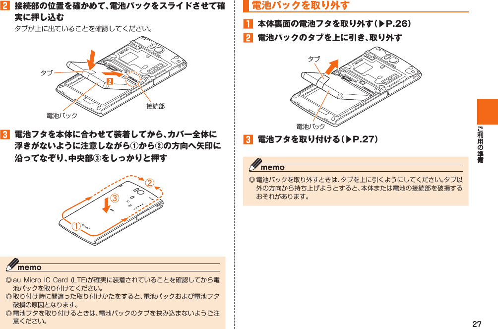 27 󱈢  接続部の位置を確かめて、電池パックをスライドさせて確実に押し込むタブが上に出ていることを確認してください。接続部タブ電池パック 󱈤  電池フタを本体に合わせて装着してから、カバー全体に浮きがないように注意しながら①から②の方向へ矢印に沿ってなぞり、中央部③をしっかりと押す◎ au Micro IC  Card  (LTE)が確実に装着されていることを確認してから電池パックを取り付けてください。◎ 取り付け時に間違った取り付けかたをすると、電池パックおよび電池フタ破損の原因となります。◎ 電池フタを取り付けるときは、電池パックのタブを挟み込まないようご注意ください。 電池パックを取り外す󱈠  本体裏面の電池フタを取り外す（▶P. 26）󱈢  電池パックのタブを上に引き、取り外す電池パックタブ󱈤  電池フタを取り付ける（▶P. 27）◎ 電池パックを取り外すときは、タブを上に引くようにしてください。タブ以外の方向から持ち上げようとすると、本体または電池の接続部を破損するおそれがあります。