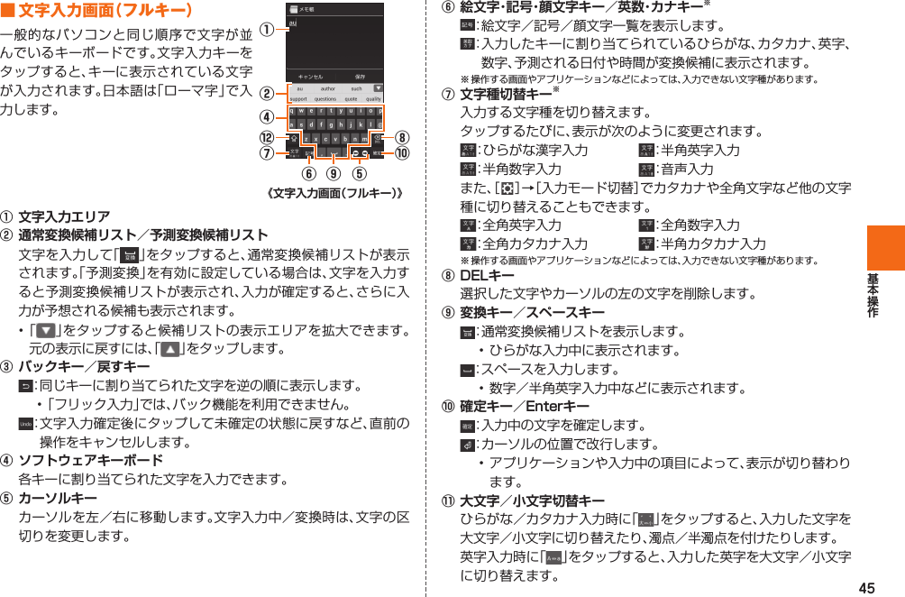 45■ 文字入力画面（フルキー）一般的なパソコンと同じ順序で文字が並んでいるキーボードです。文字入力キーをタップすると、キーに表示されている文字が入力されます。日本語は「ローマ字」で入力します。⑥⑨⑤①②⑧⑩④⑫⑦《文字入力画面（フルキー）》① 文字入力エリア② 通常変換候補リスト／予測変換候補リスト  文字を入力して「」をタップすると、通常変換候補リストが表示されます。「予測変換」を有効に設定している場合は、文字を入力すると予測変換候補リストが表示され、入力が確定すると、さらに入力が予想される候補も表示されます。• 「 」をタップすると候補リストの表示エリアを拡大できます。元の表示に戻すには、「 」をタップします。③ バックキー／戻すキー ：同じキーに割り当てられた文字を逆の順に表示します。• 「フリック入力」では、バック機能を利用できません。 ： 文字入力確定後にタップして未確定の状態に戻すなど、直前の操作をキャンセルします。④ ソフトウェアキーボード  各キーに割り当てられた文字を入力できます。⑤ カーソルキー  カーソルを左／右に移動します。文字入力中／変換時は、文字の区切りを変更します。⑥ 絵文字・記号・顔文字キー／英数・カナキー※  ：絵文字／記号／顔文字一覧を表示します。 ： 入力したキーに割り当てられているひらがな、カタカナ、英字、数字、予測される日付や時間が変換候補に表示されます。※ 操作する画面やアプリケーションなどによっては、入力できない文字種があります。⑦ 文字種切替キー※  入力する文字種を切り替えます。  タップするたびに、表示が次のように変更されます。  ：ひらがな漢字入力  ：半角英字入力 ：半角数字入力  ：音声入力 また、［   ］→［入力モード切替］でカタカナや全角文字など他の文字種に切り替えることもできます。 ：全角英字入力  ：全角数字入力 ：全角カタカナ入力  ：半角カタカナ入力※ 操作する画面やアプリケーションなどによっては、入力できない文字種があります。⑧ DELキー  選択した文字やカーソルの左の文字を削除します。⑨ 変換キー／スペースキー ：通常変換候補リストを表示します。• ひらがな入力中に表示されます。 ：スペースを入力します。• 数字／半角英字入力中などに表示されます。⑩ 確定キー／Enterキー ：入力中の文字を確定します。 ：カーソルの位置で改行します。• アプリケーションや入力中の項目によって、表示が切り替わります。⑪ 大文字／小文字切替キー  ひらがな／カタカナ入力時に「」をタップすると、入力した文字を大文字／小文字に切り替えたり、濁点／半濁点を付けたりします。  英字入力時に「」をタップすると、入力した英字を大文字／小文字に切り替えます。