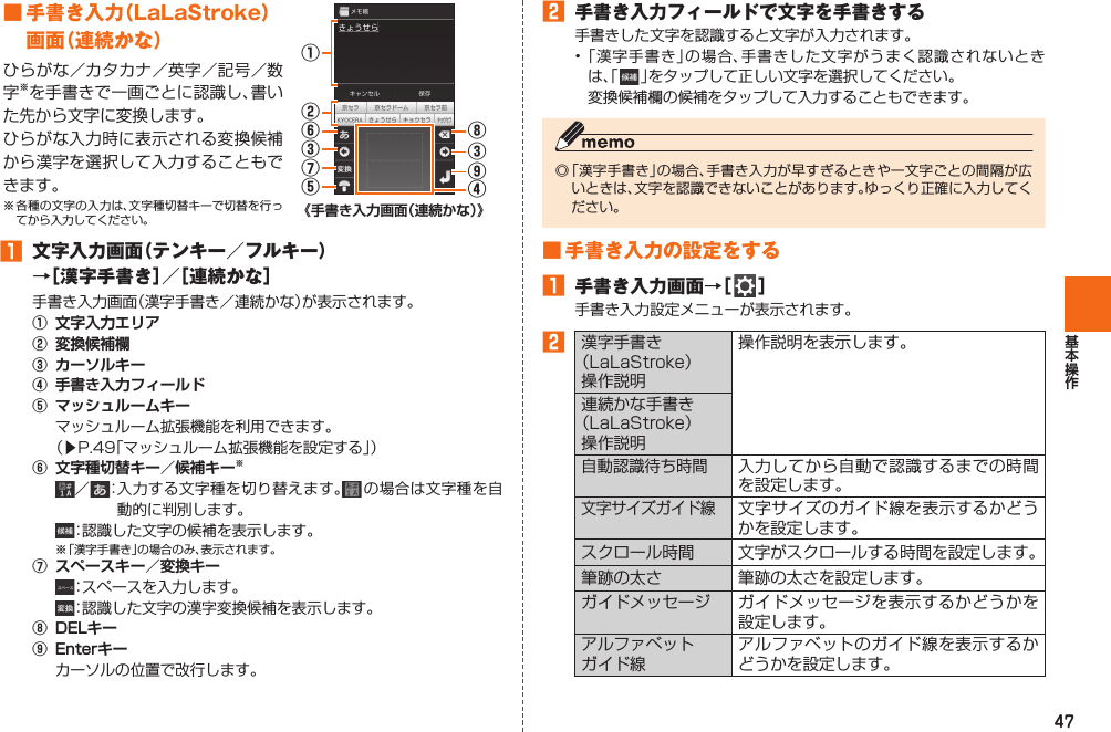 47■ 手書き入力（LaLaStroke）画面（連続かな）ひらがな／カタカナ／英字／記号／数字※を手書きで一画ごとに認識し、書いた先から文字に変換します。ひらがな入力時に表示される変換候補から漢字を選択して入力することもできます。※ 各種の文字の入力は、文字種切替キーで切替を行ってから入力してください。①⑧③⑥③⑦⑤⑨④②《手書き入力画面（連続かな）》󱈠  文字入力画面（テンキー／フルキー）→［漢字手書き］／［連続かな］手書き入力画面（漢字手書き／連続かな）が表示されます。①  文字入力エリア②  変換候補欄③  カーソルキー④  手書き入力フィールド⑤  マッシュルームキー  マッシュルーム拡張機能を利用できます。  （▶P. 49「マッシュルーム拡張機能を設定する」）⑥  文字種切替キー／候補キー※  ／  ： 入力する文字種を切り替えます。  の場合は文字種を自動的に判別します。 ：認識した文字の候補を表示します。※ 「漢字手書き」の場合のみ、表示されます。⑦  スペースキー／変換キー ：スペースを入力します。 ：認識した文字の漢字変換候補を表示します。⑧  DELキー⑨  Enterキー  カーソルの位置で改行します。󱈢  手書き入力フィールドで文字を手書きする手書きした文字を認識すると文字が入力されます。• 「漢字手書き」の場合、手書きした文字がうまく認識されないときは、「   」をタップして正しい文字を選択してください。 変換候補欄の候補をタップして入力することもできます。◎ 「漢字手書き」の場合、手書き入力が早すぎるときや一文字ごとの間隔が広いときは、文字を認識できないことがあります。ゆっくり正確に入力してください。 ■ 手書き入力の設定をする󱈠  手書き入力画面→［   ］手書き入力設定メニューが表示されます。󱈢  漢字手書き（LaLaStroke）操作説明操作説明を表示します。連続かな手書き（LaLaStroke）操作説明自動認識待ち時間入力してから自動で認識するまでの時間を設定します。文字サイズガイド線文字サイズのガイド線を表示するかどうかを設定します。スクロール時間 文字がスクロールする時間を設定します。筆跡の太さ 筆跡の太さを設定します。ガイドメッセージ ガイドメッセージを表示するかどうかを設定します。アルファベットガイド線アルファベットのガイド線を表示するかどうかを設定します。