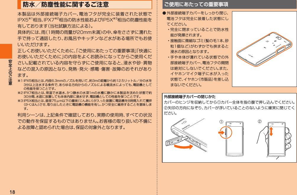 18 防水／防塵性能に関するご注意ご使用にあたっての重要事項󰝄外部接続端子カバーの閉じかた󰒄󰒅①②